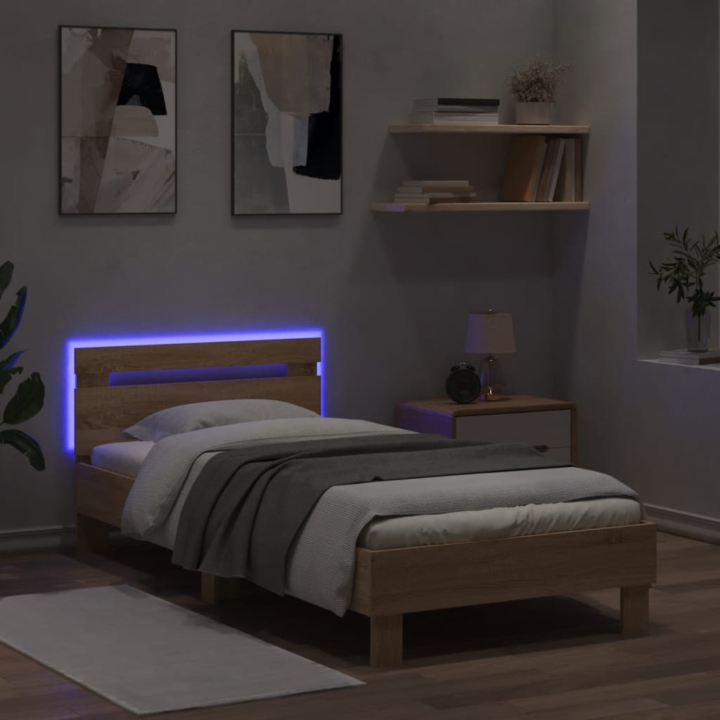 Bettgestell Mit Kopfteil Und Led-Leuchten Sonoma-Eiche 75X190Cm Sonoma Eiche