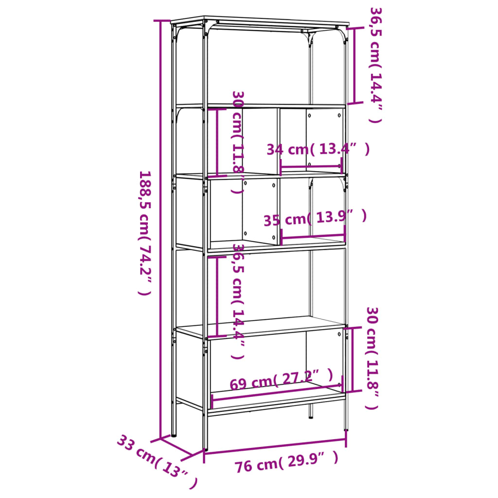 Bücherregal 5 Böden Sonoma-Eiche 76X33X188,5 Cm Holzwerkstoff