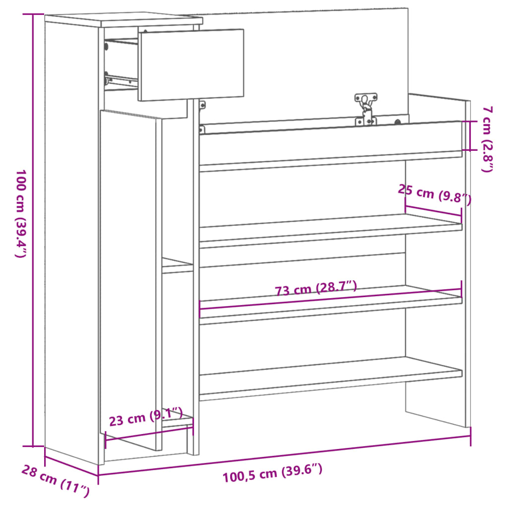 Schuhschrank Sonoma-Eiche 100,5X28X100 Cm Holzwerkstoff