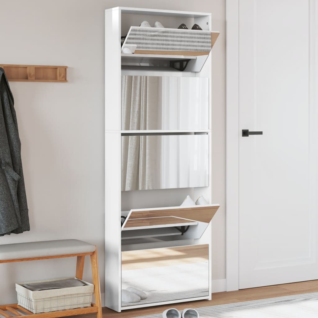 Schuhschrank Mit 5 Fächern Spiegel 63X17X169,5 Cm