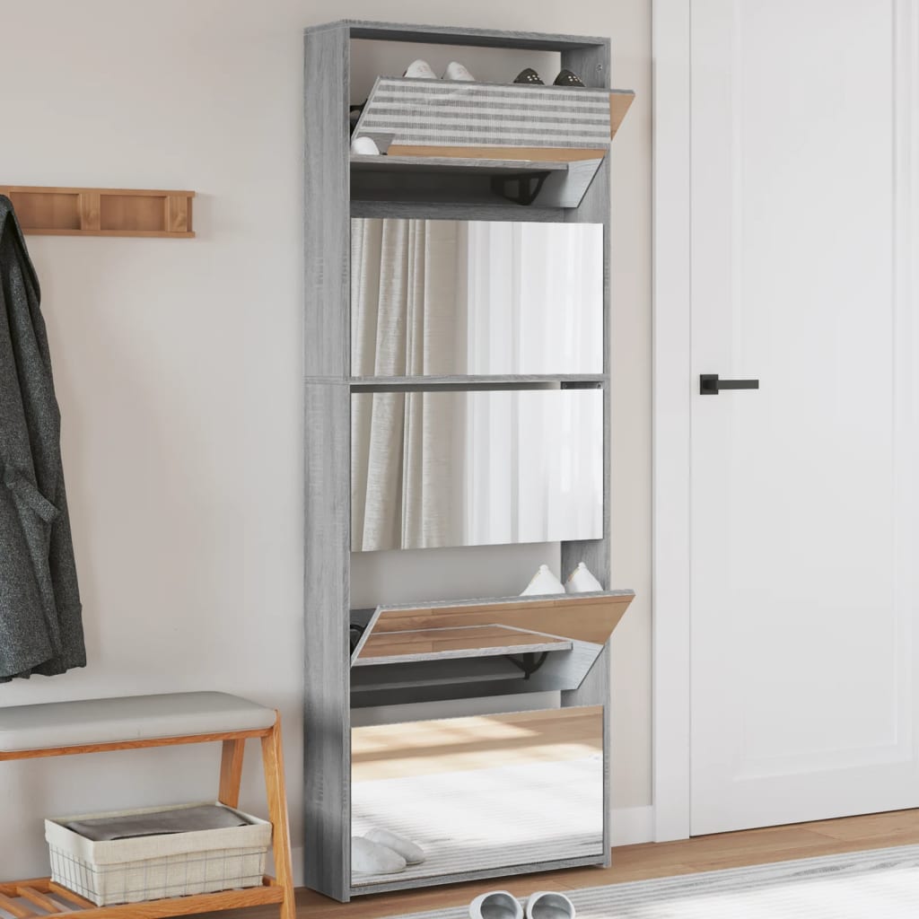 Schuhschrank Mit 5 Fächern Spiegel 63X17X169,5 Cm