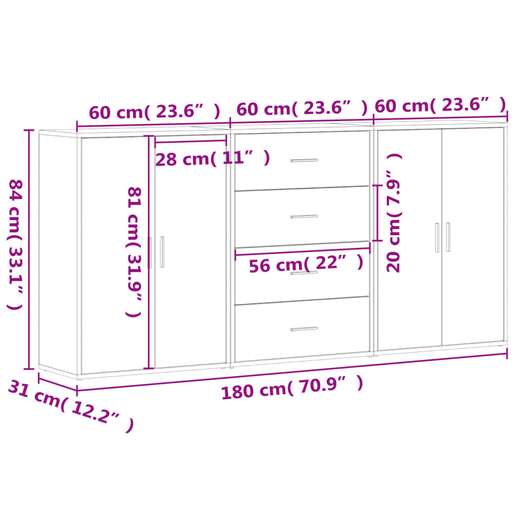 Sideboards 3 Stk. 60X31X84 Cm Holzwerkstoff