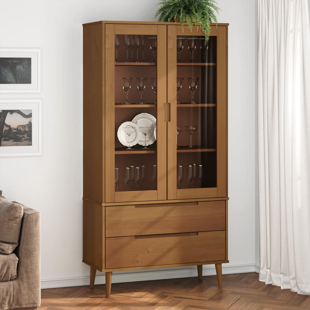 Vitrinenschrank Molde 90X35X175 Cm Massivholz Kiefer