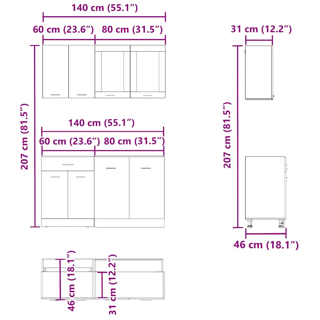 4-Tlg. Küchenschrank-Set Lyon Artisan-Eiche Holzwerkstoff