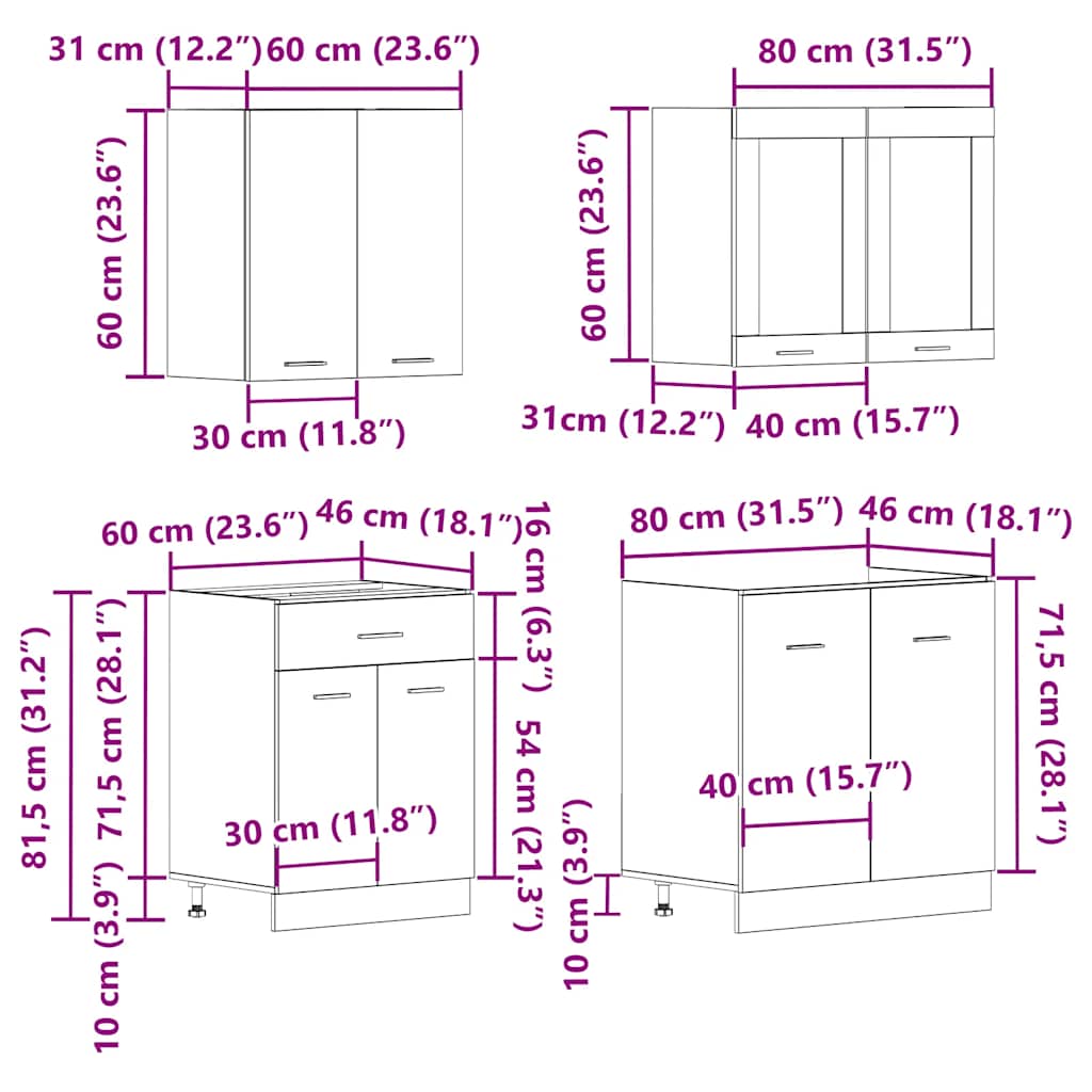 4-Tlg. Küchenschrank-Set Lyon Artisan-Eiche Holzwerkstoff