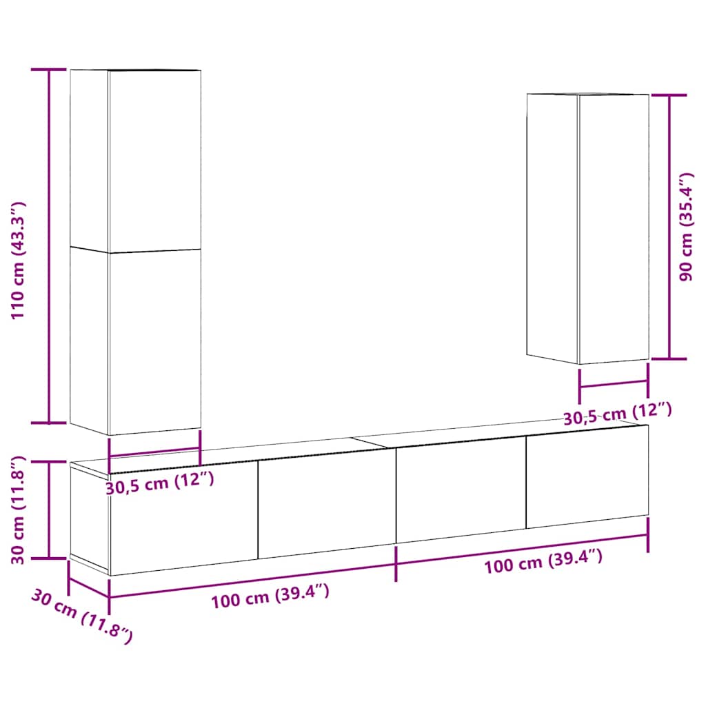 4-Tlg. Tv-Schrank-Set Wandmontage Artisan-Eiche Holzwerkstoff