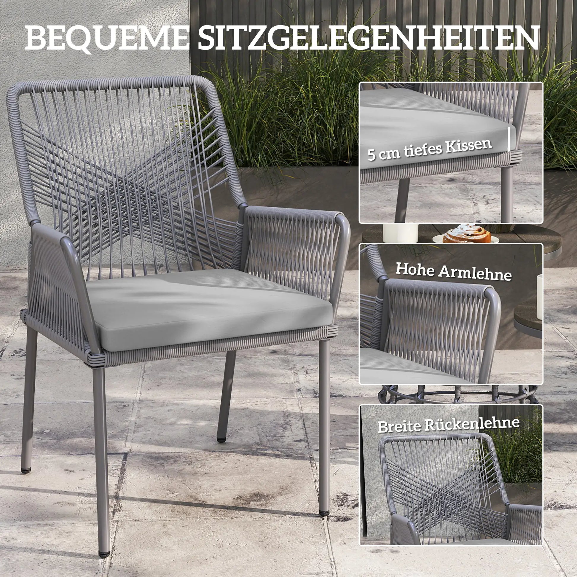 2er-Set Gartenstühle, Terrassenstühle, waschbare Kissen, Stahl, Rattan, Dunkelgrau