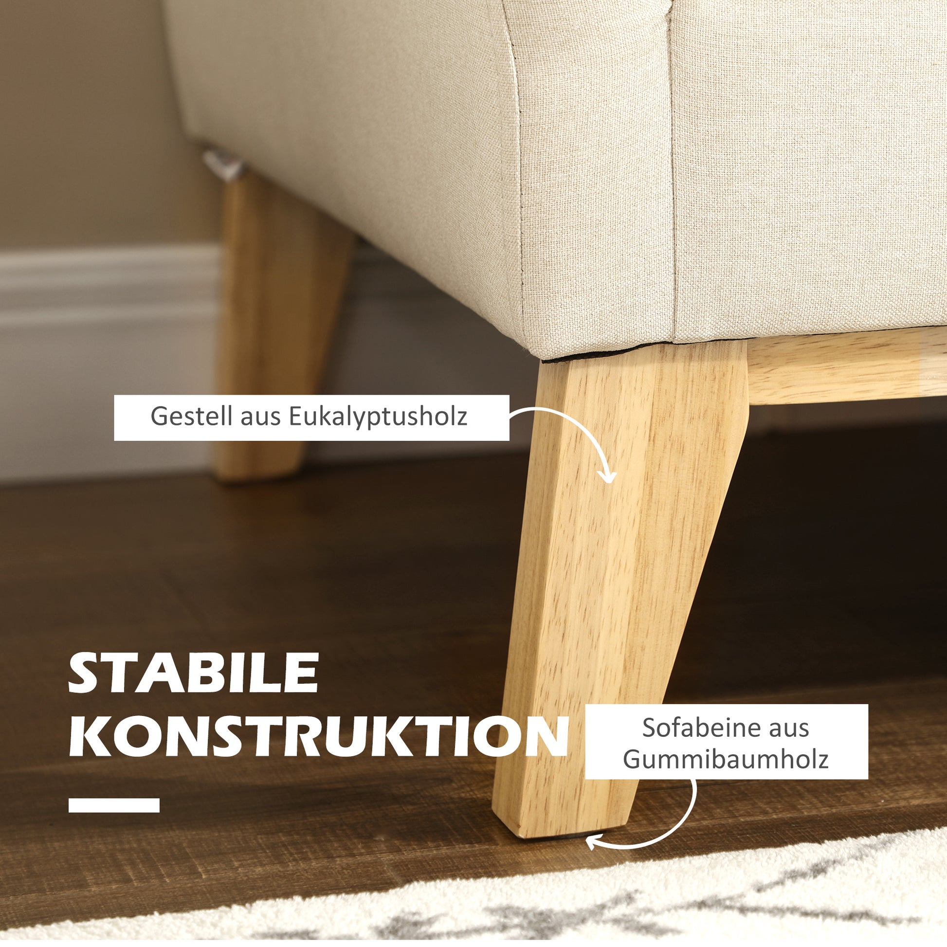 2 Sitzer Sofa, skandinavisches Design, 2 Wurfkissen, Naturholzrahmen, beige, 137 x 78 x 78 cm
