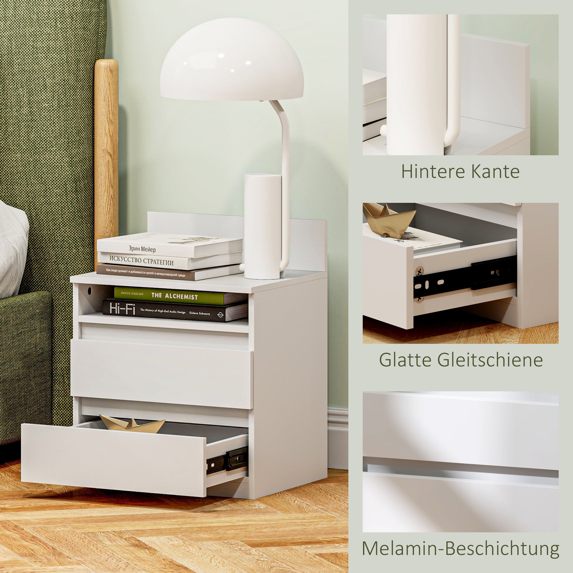 Nachttisch im 2er-Set mit Schubladen und Ablage, für Schlafzimmer, Weiß