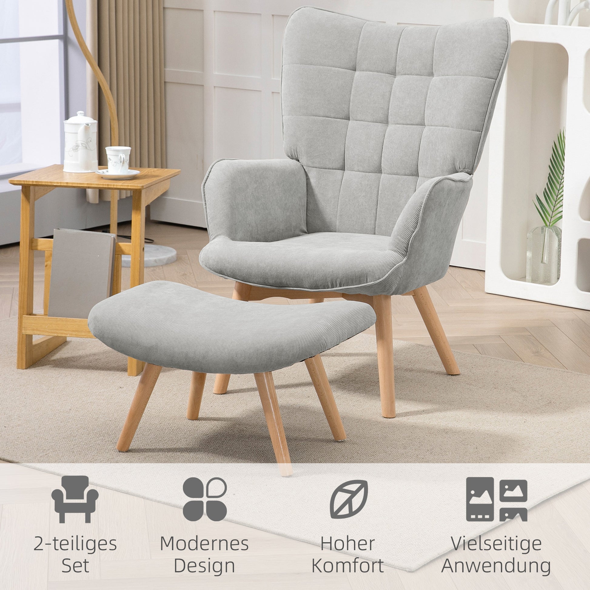 Akzentsessel mit Hocker, Relaxsessel in Cord-Optik, Armlehnstuhl mit Holzbeinen