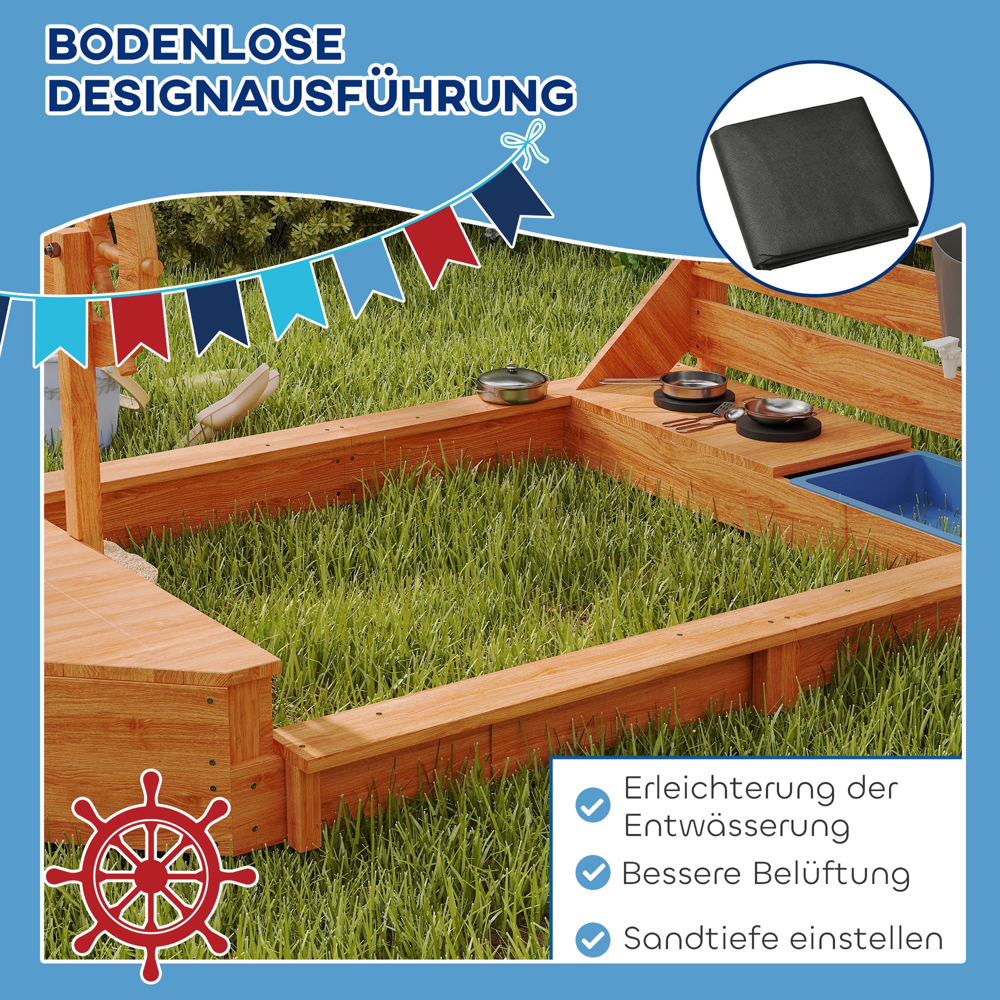 Sandkasten mit Sonnendach Piratenschiff, inkl. Kinderküchenspielset, Massivholz, 180x103x144,5 cm