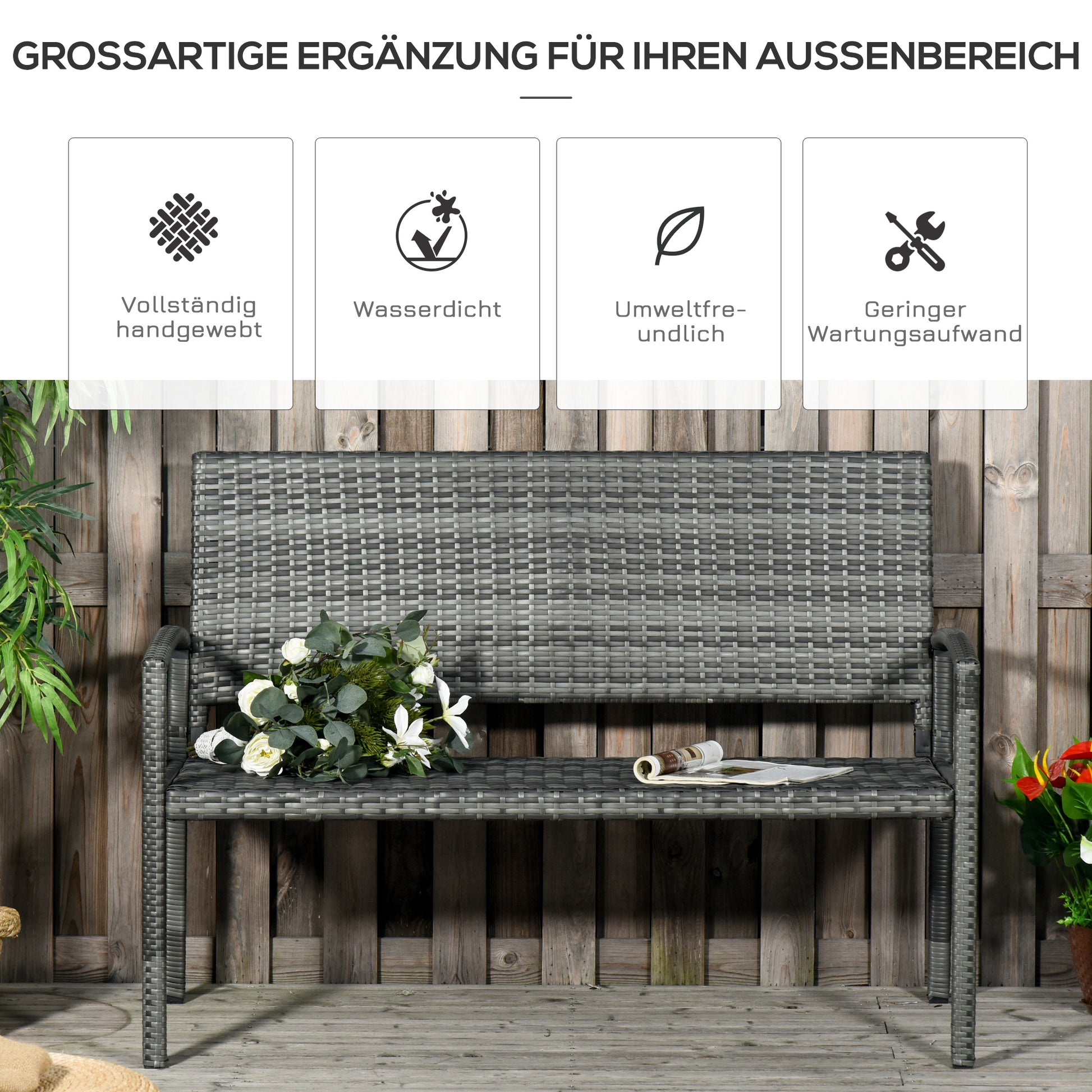 Gartenbank, in Rattanoptik, mit Stahlrahmen, für 2 Personen, Schwarz, 122 x 60 x 85cm