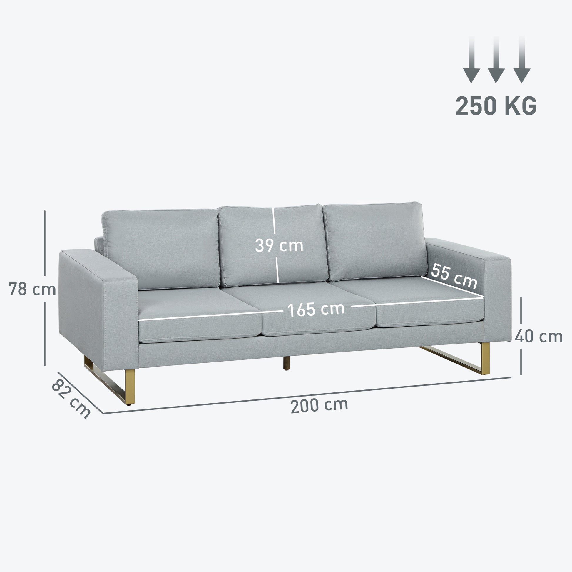 3-Sitzer-Sofa, Couch mit Vollholzrahmen, Metallbeine, schlichtes Design, Hellgrau/Dunkelgrau