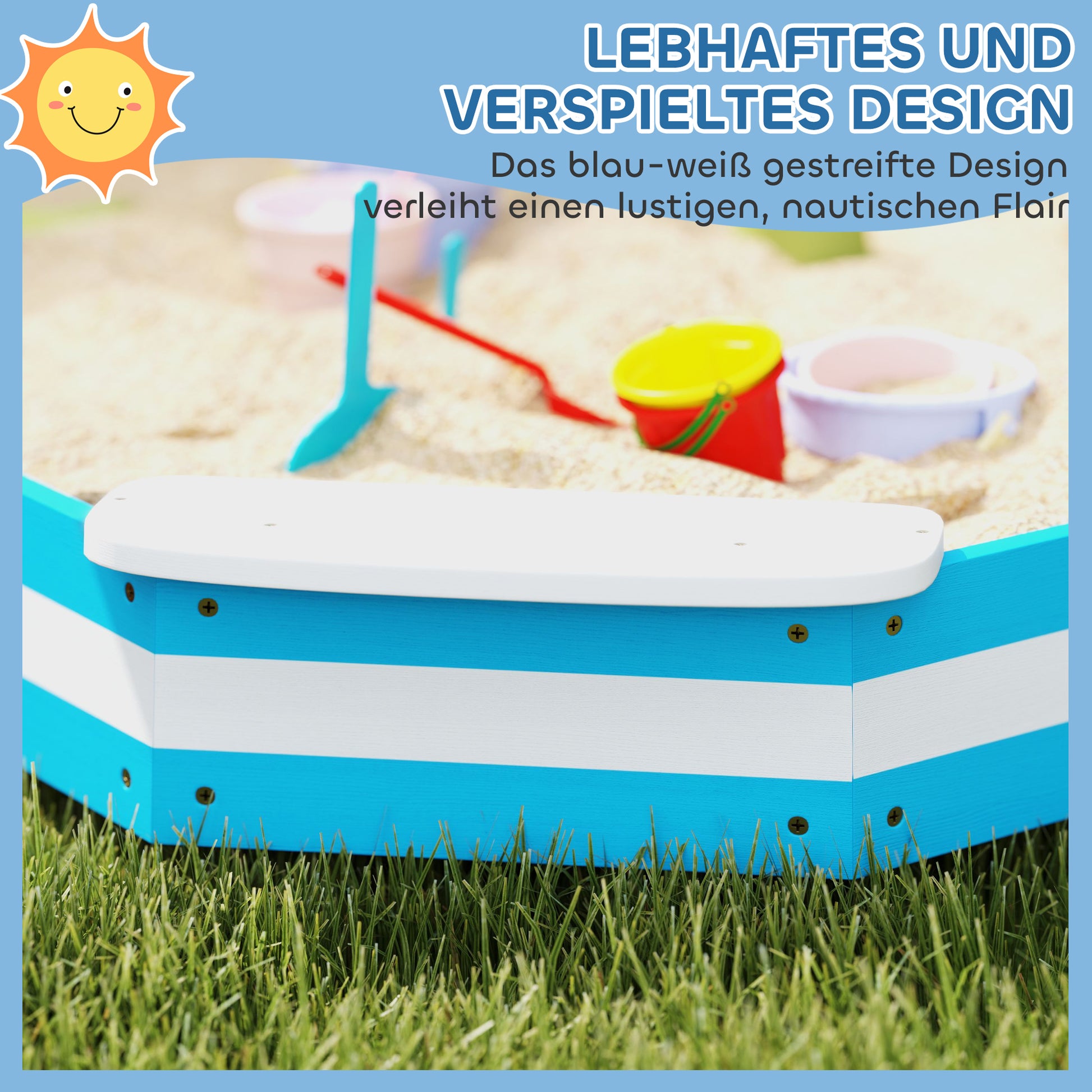 Sandkasten für Kinder, Sandkiste mit 4 Sitzen, Fichtenholz, bodenlos, Blau