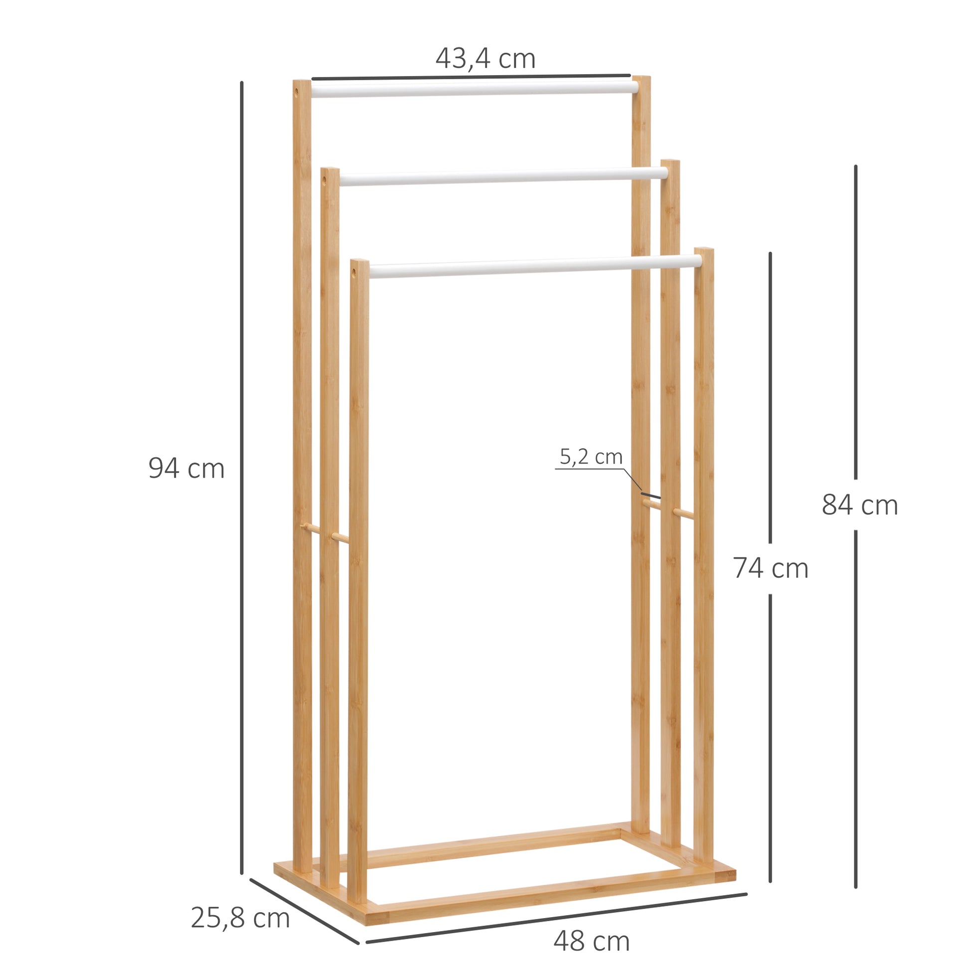 Handtuschständer aus Bambus. 3-teiliges Design, 3 Handtuchstangen 48 cm x 25,8 cm x 94 cm