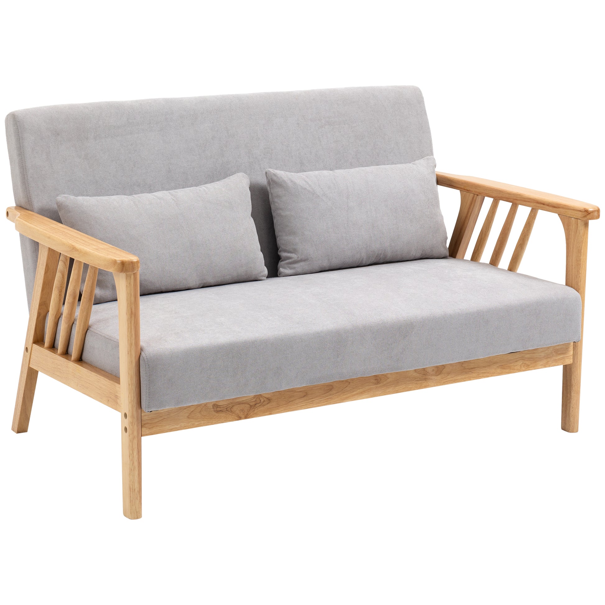 Sofa 2-Sitzersofa, inkl. 2 Kissen, Samtoptik, Kautschukholz, 130 cm x 75 cm x 78 cm, Grau + Natur