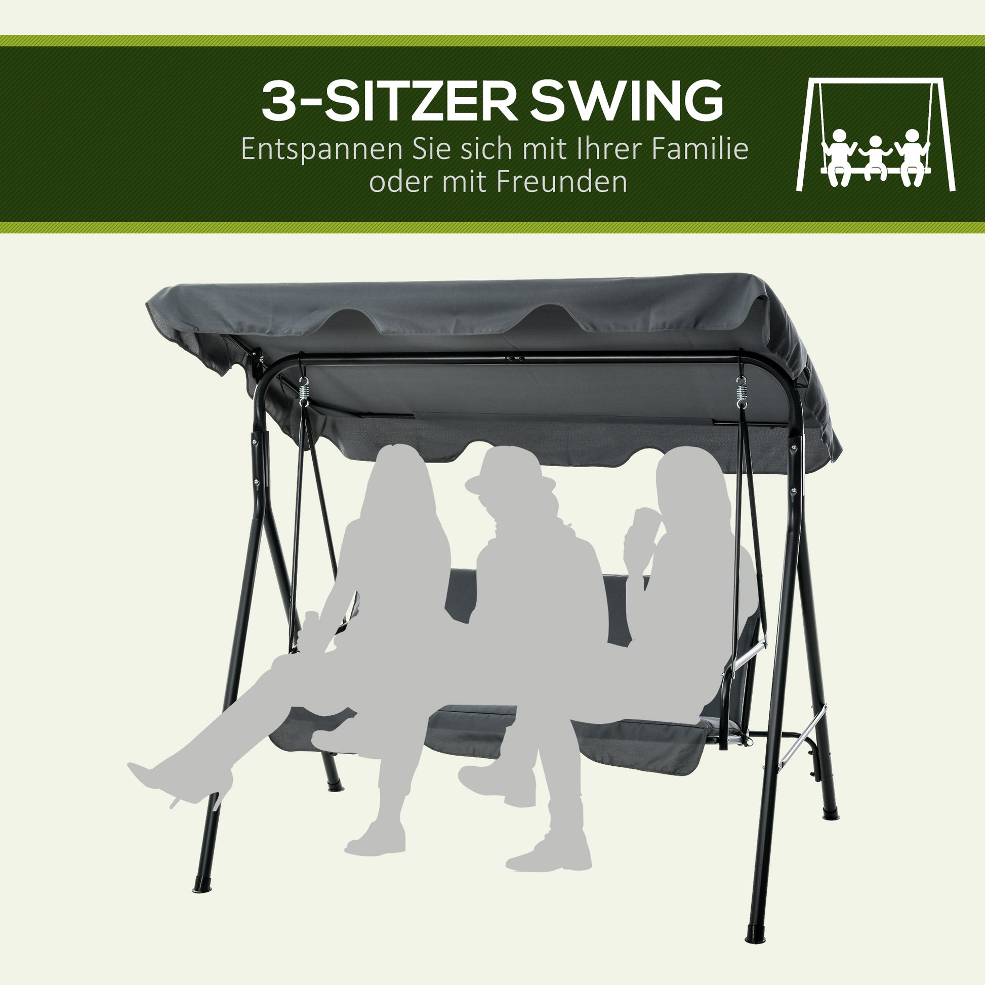 Gartenschaukel, 3-Sitzer Schaukelbank mit Dach, Stahl, 172 x 110 x 153 cm, Grau
