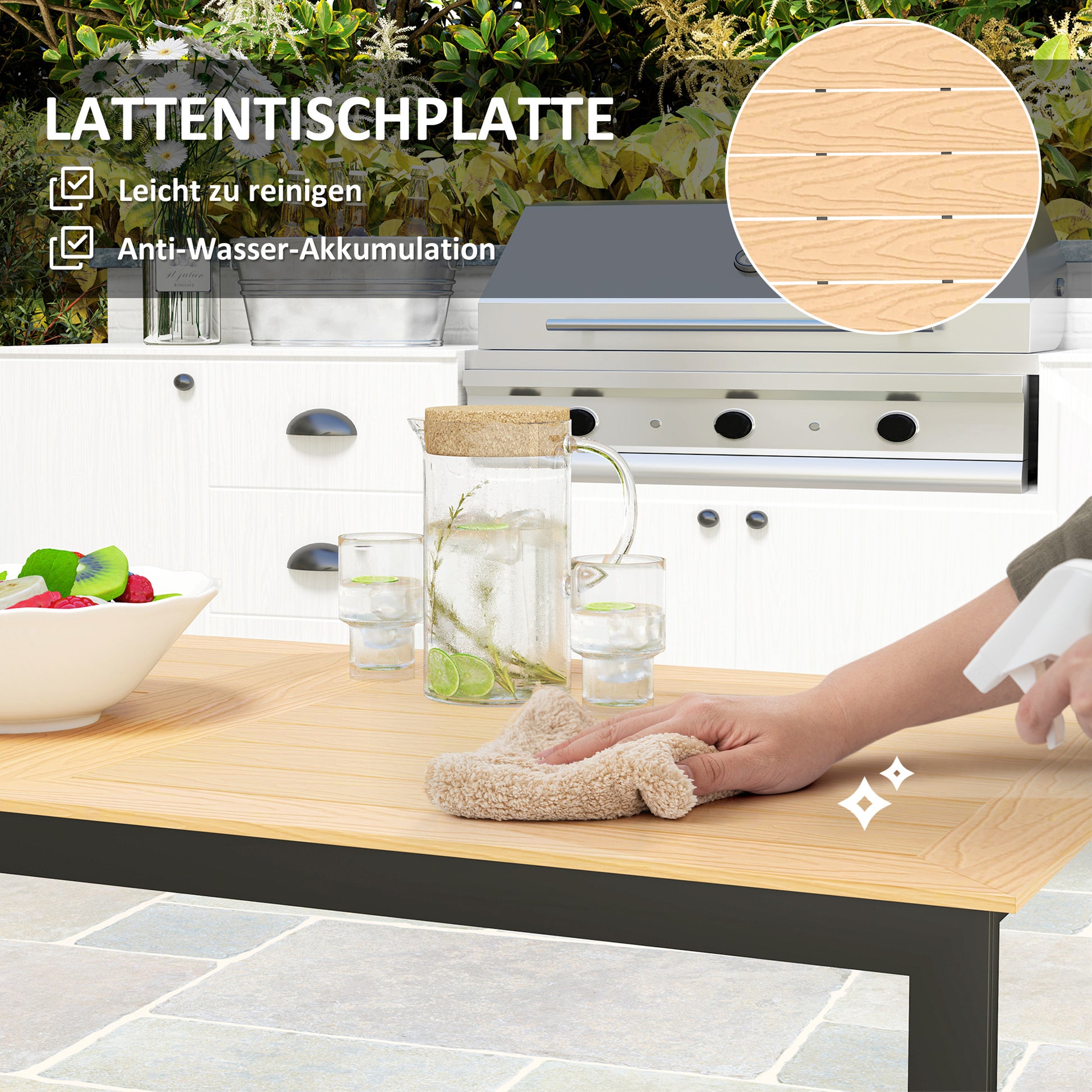 Gartentisch für 6 Personen 160 x 80 cm Wetterfest Balkontisch mit Lamellen-Tischplatte