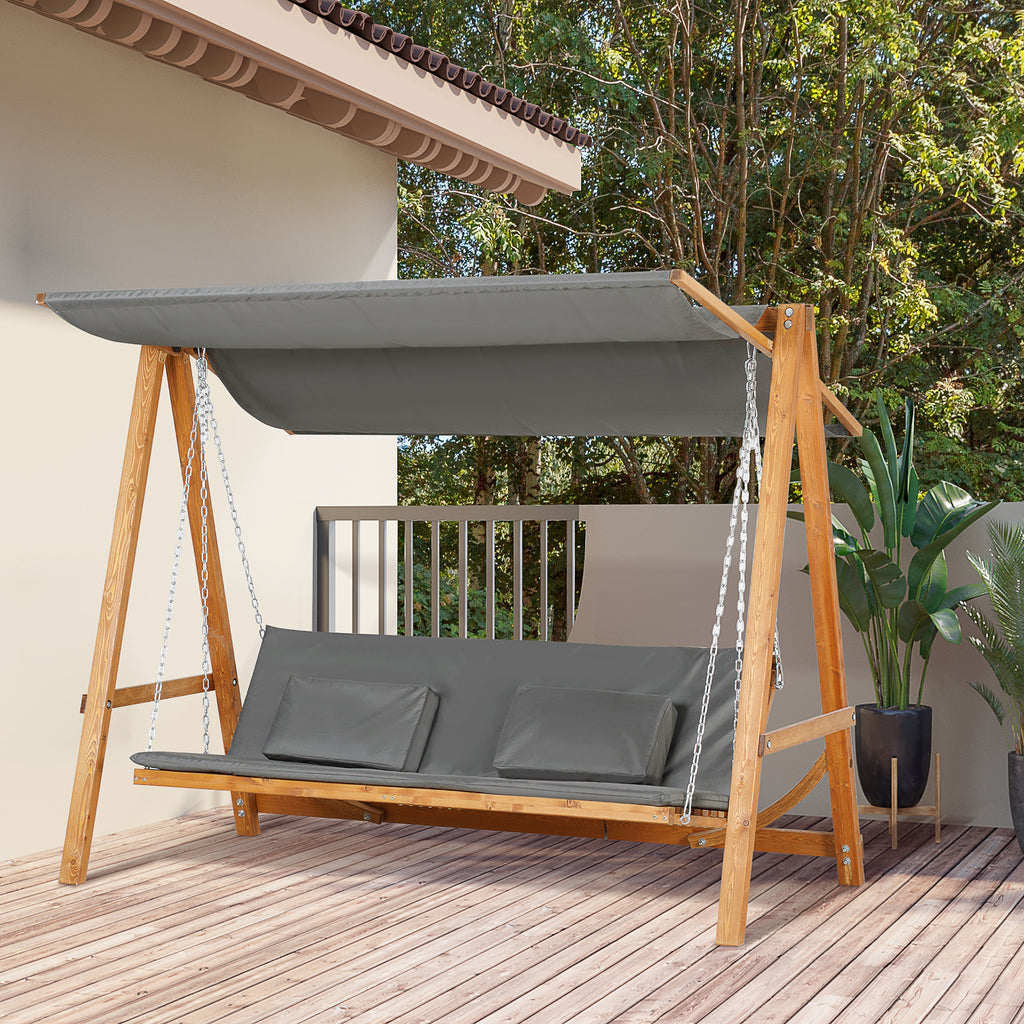 3-Sitzer Gartenschaukel mit verstellbarem Sonnendach Schaukelbank belast 250kg Grau+Teak