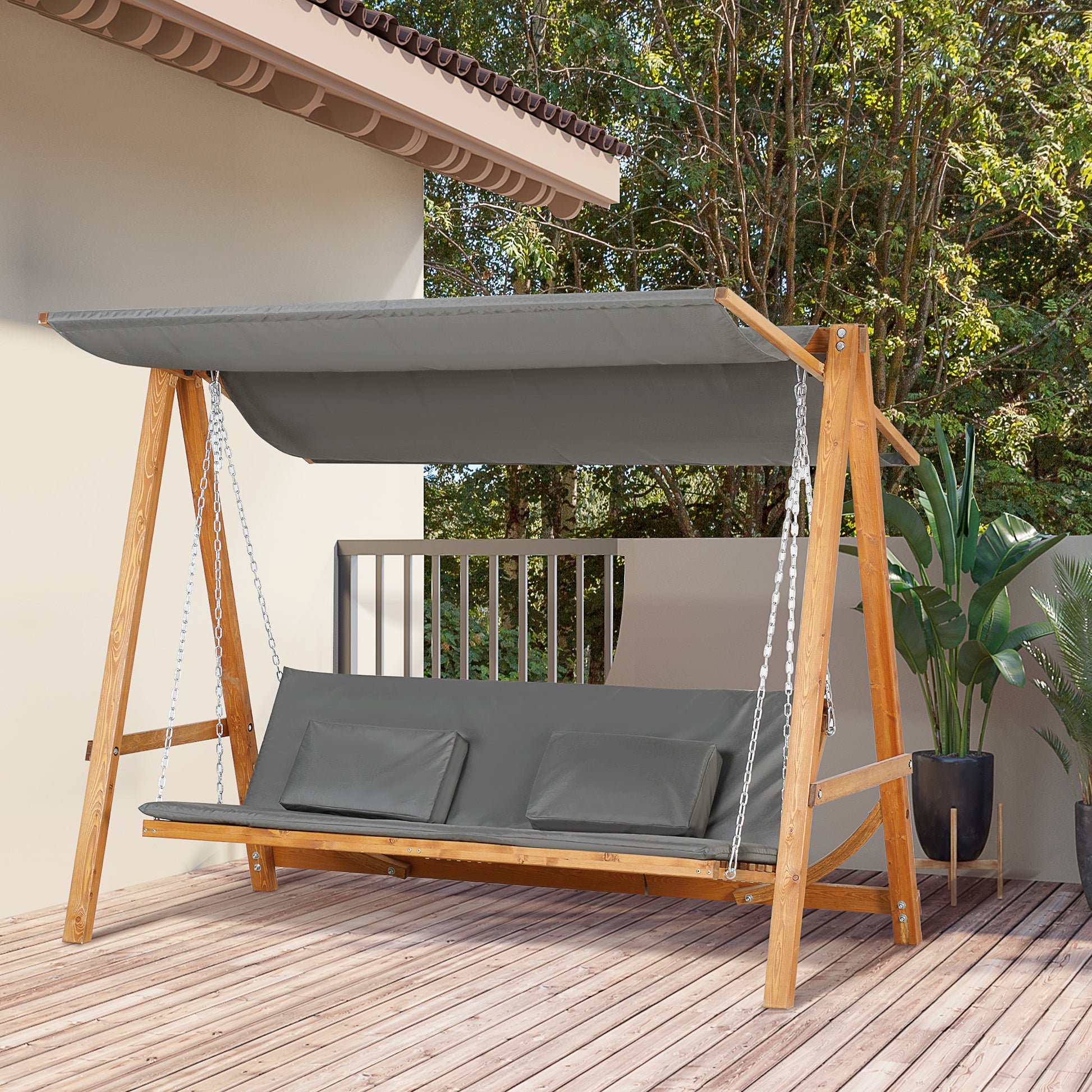 3-Sitzer Gartenschaukel mit verstellbarem Sonnendach Schaukelbank belast 250kg Grau+Teak