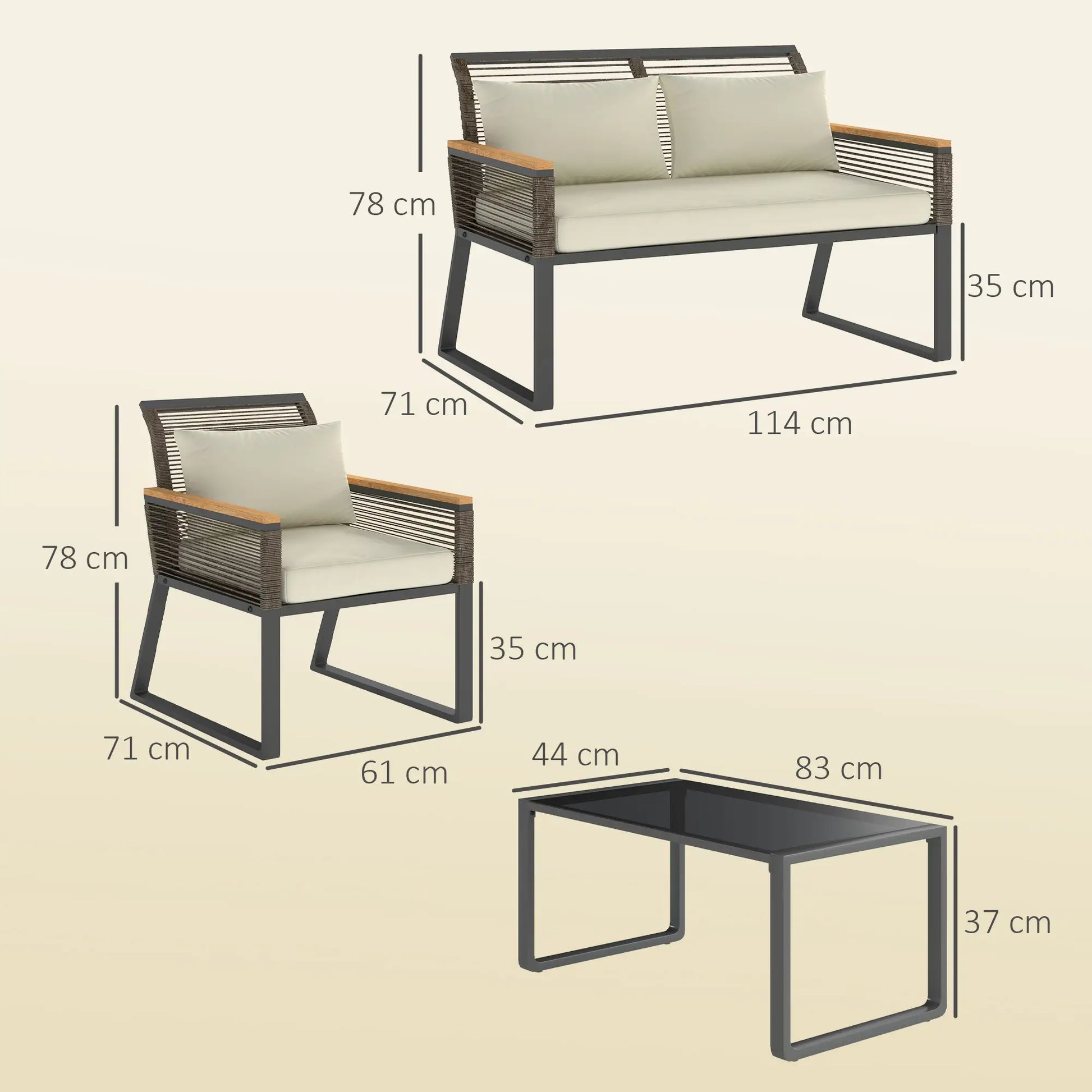 Gartenmöbel Balkonmöbel Set 4 Personen wetterfest mit 2er Sofa, 2 Stühle Glastisch Sitzkissen