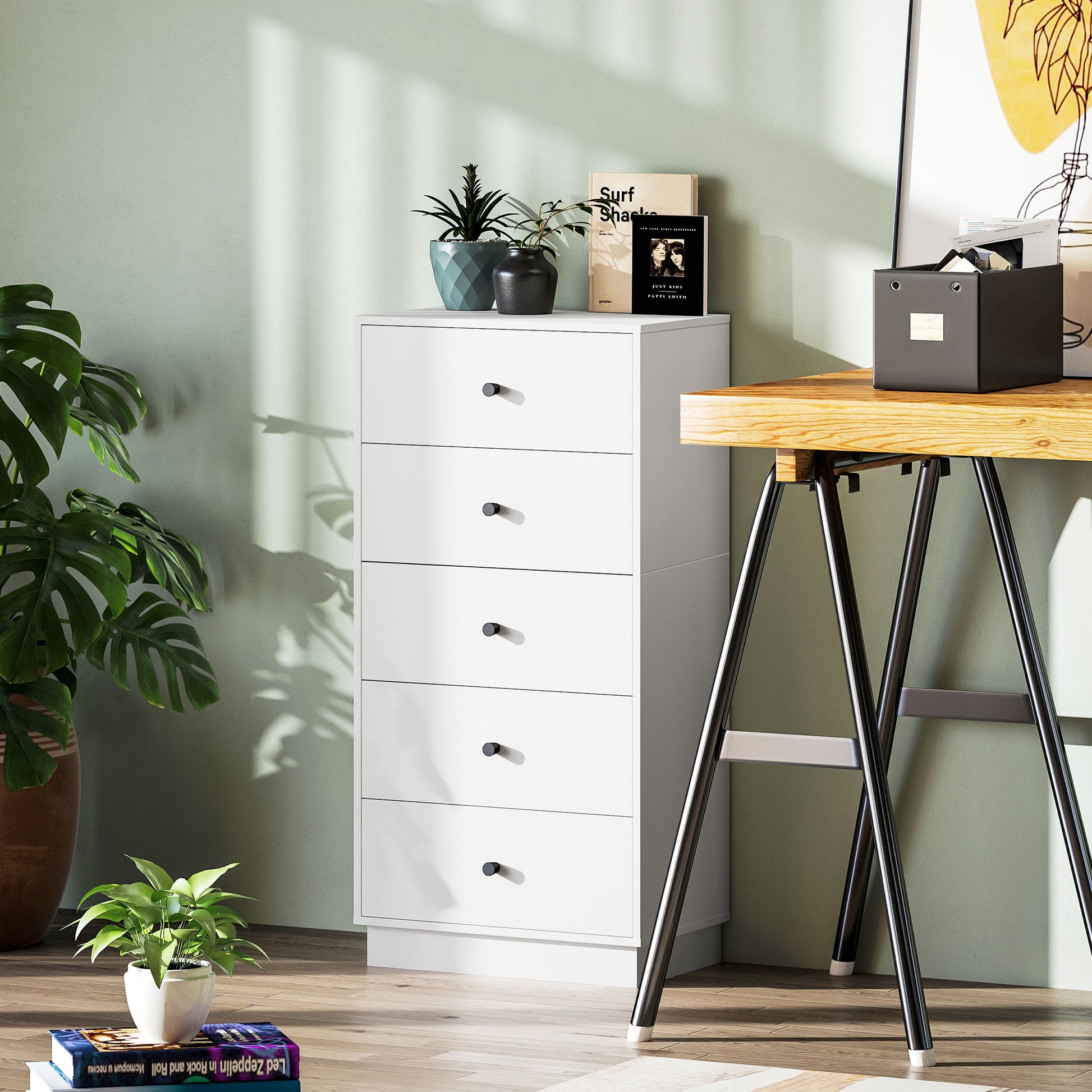 Kommode mit 5 Schubladen Schrank aus Holzwerkstoff im Modern Stil 47 x 29 x 95 cm Weiß