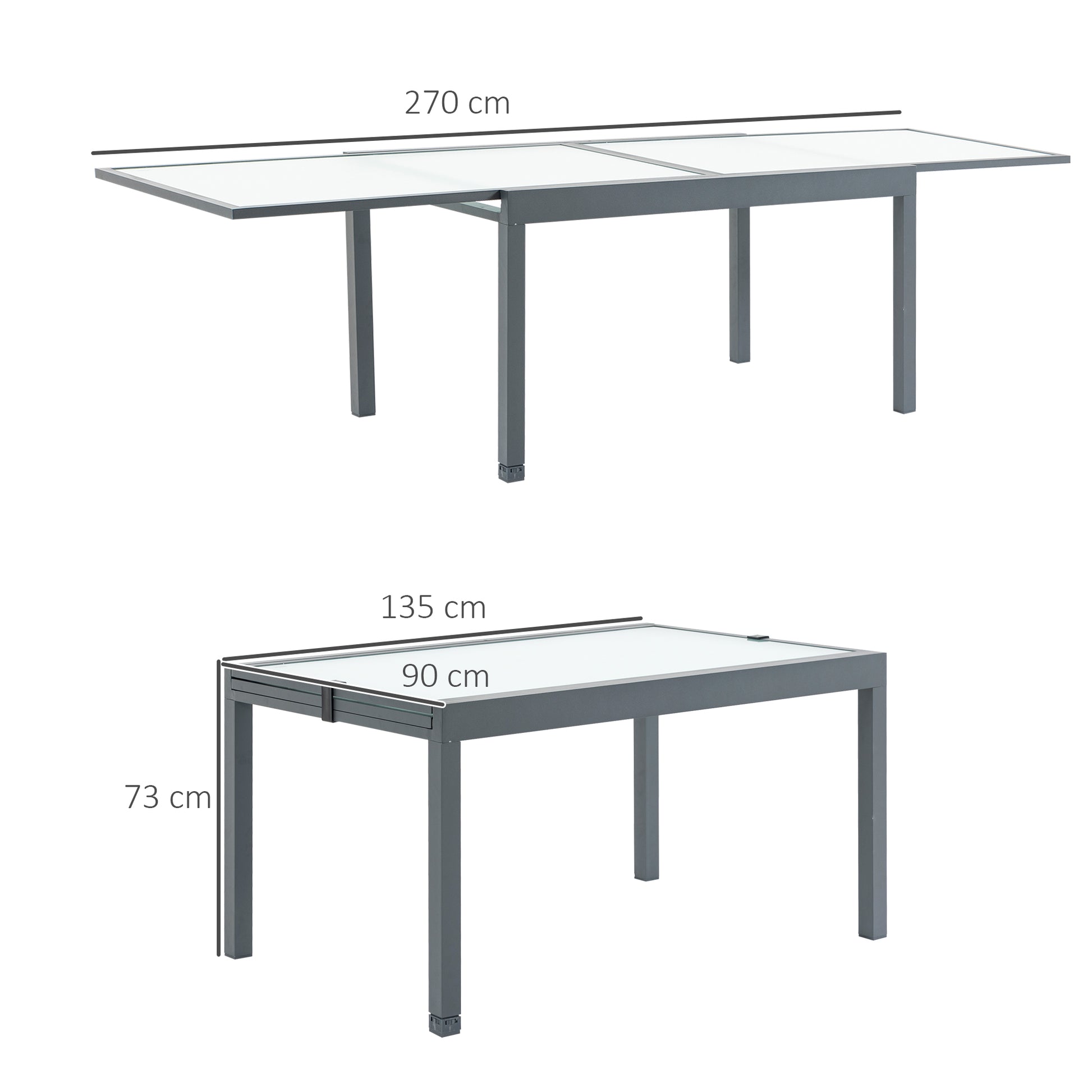Ausziehbarer Gartentisch mit gehärteter Glasplatte Aluminium Rechteck, Grau Weiß 270 cm