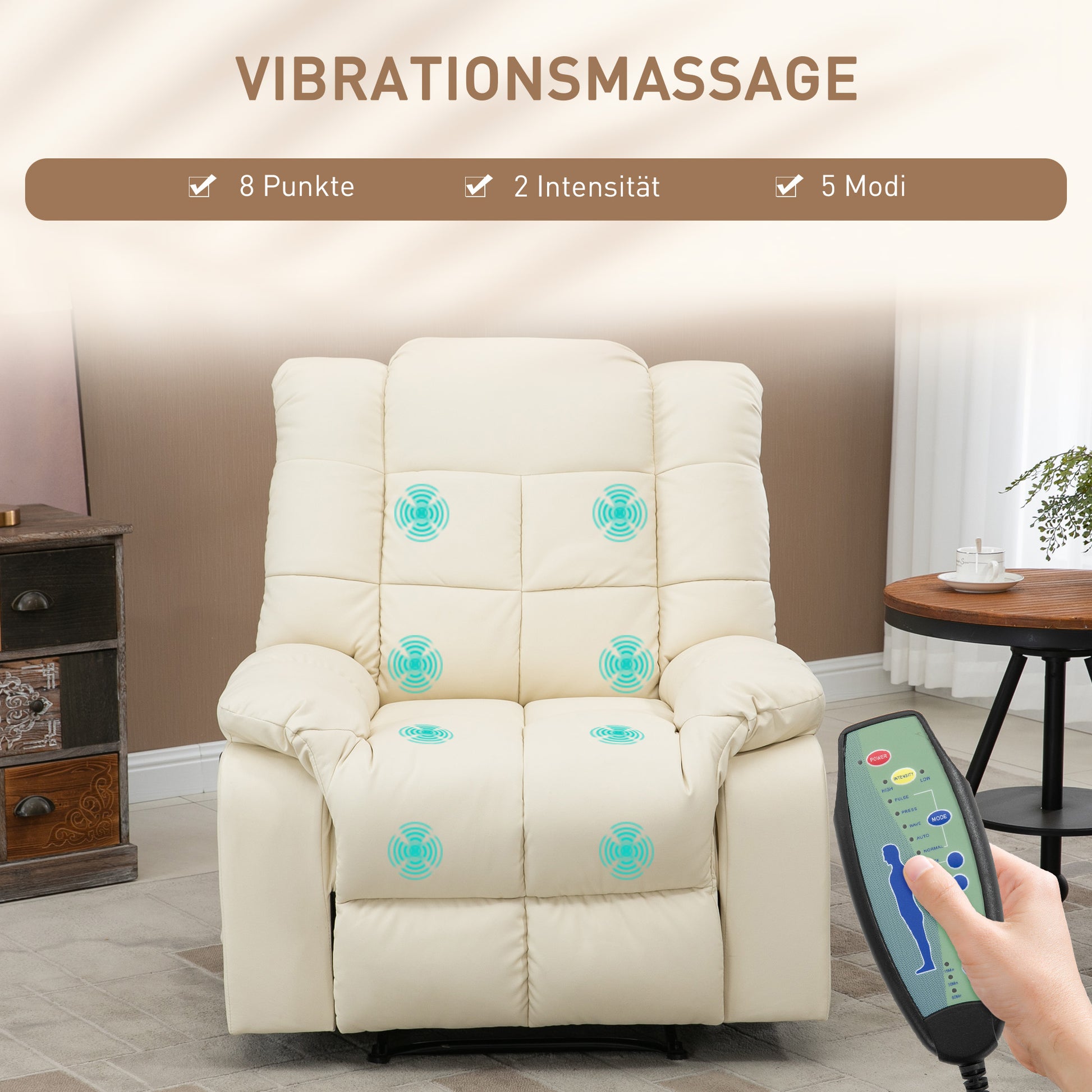 Massagesessel, Relaxsessel, 8 Vibrationspunkte, Liegefunktion, Kunstleder, 94x99x99cm