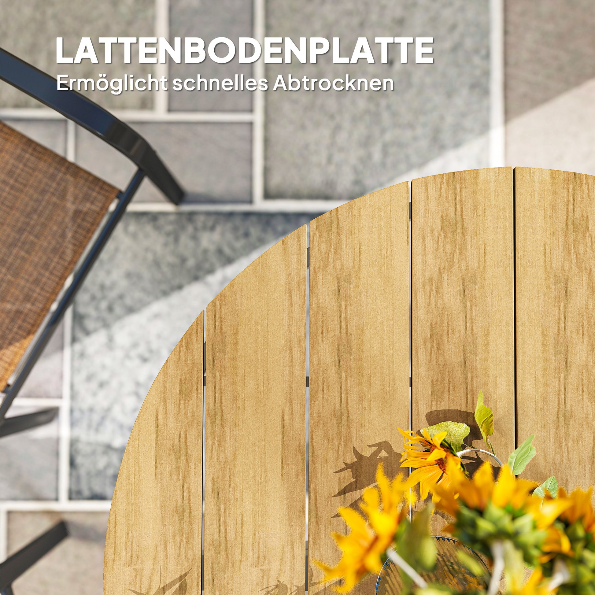 Gartentisch Ø118cm aus Aluminium, Wetterfest, Beistelltisch mit Kreuzbeine Lattendesign Teak