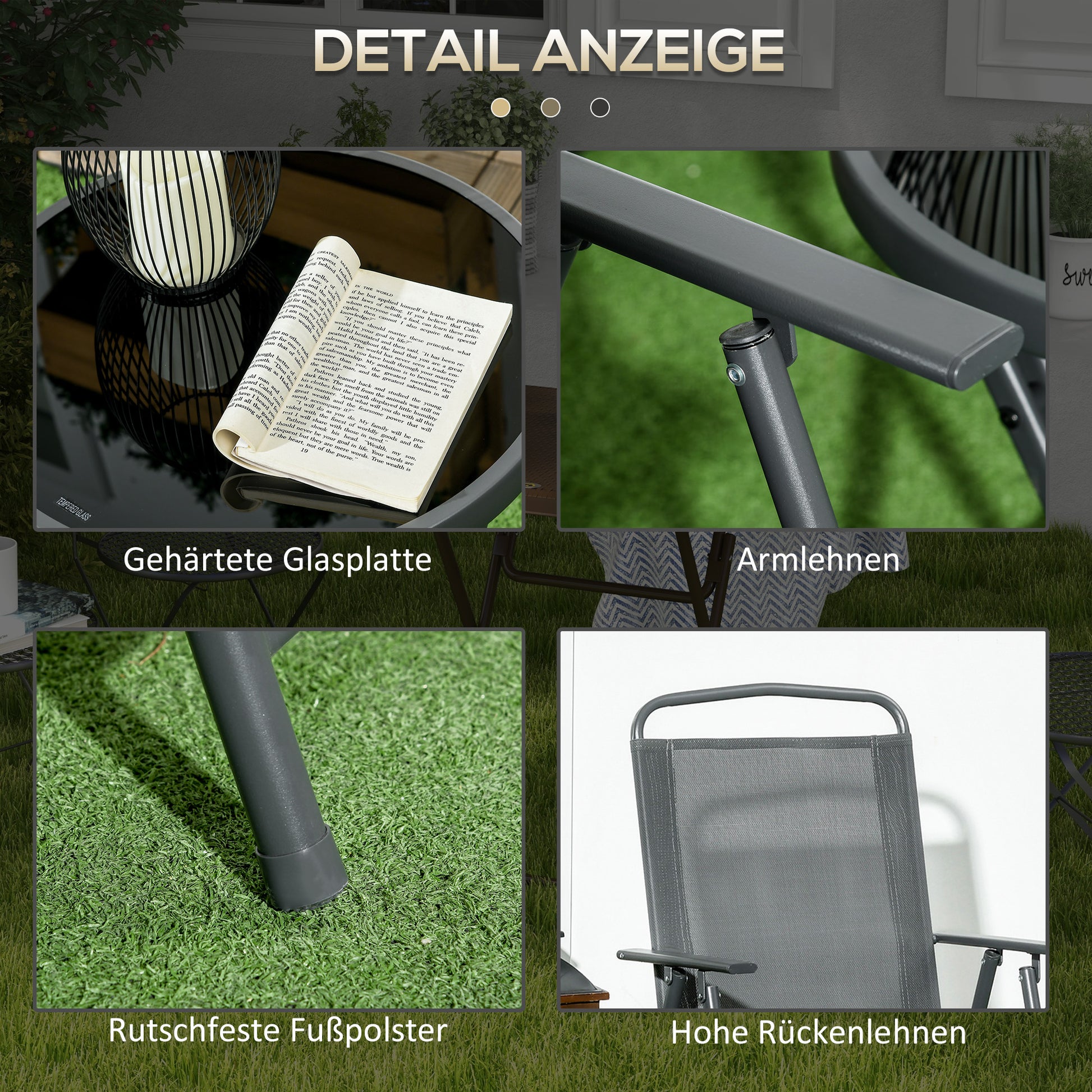 Bistro-Set 3-teilig aus Metall Wetterfest Gartenmöbel Set mit klappbar Glastisch Gartenstühlen