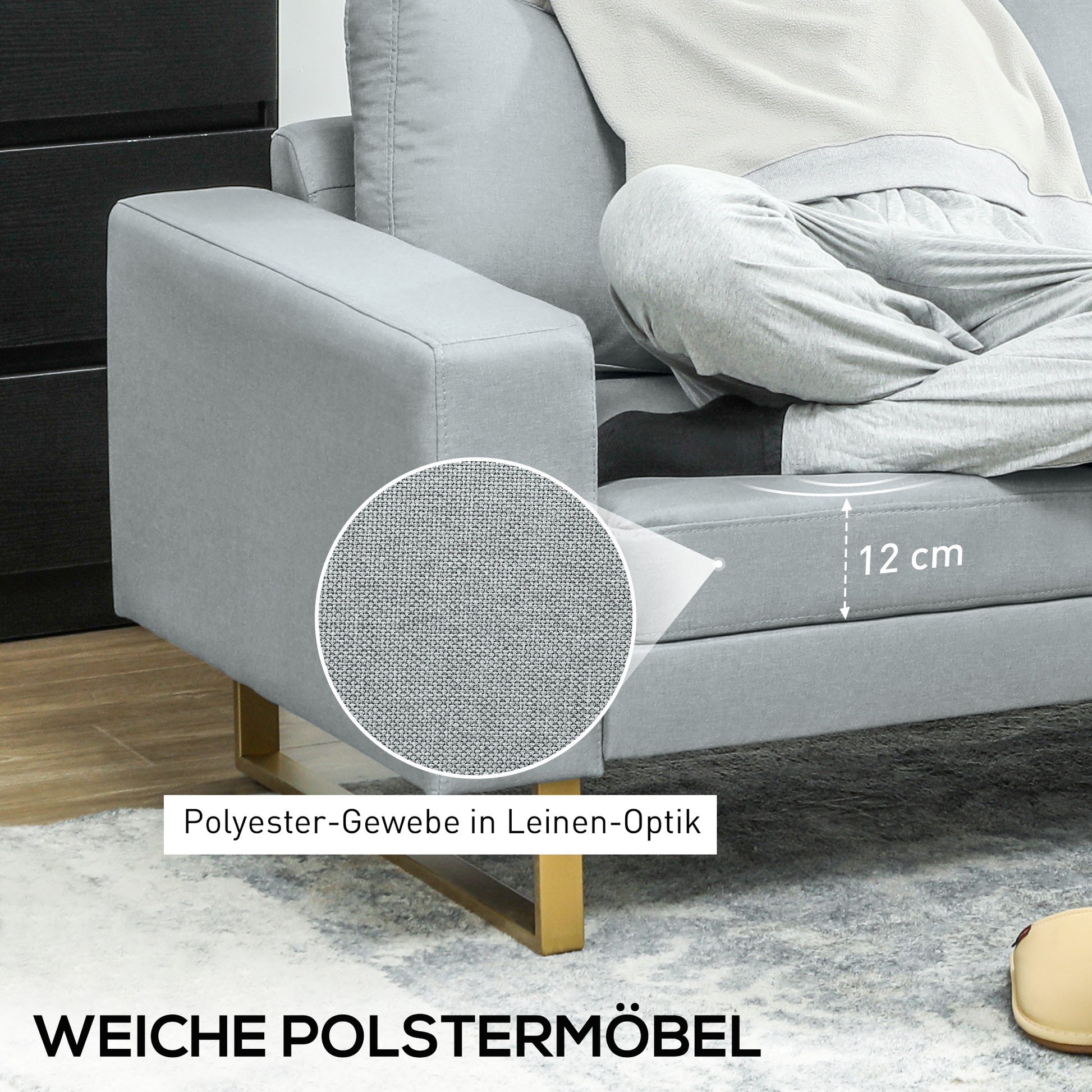 3-Sitzer-Sofa, Couch mit Vollholzrahmen, Metallbeine, schlichtes Design, Hellgrau/Dunkelgrau