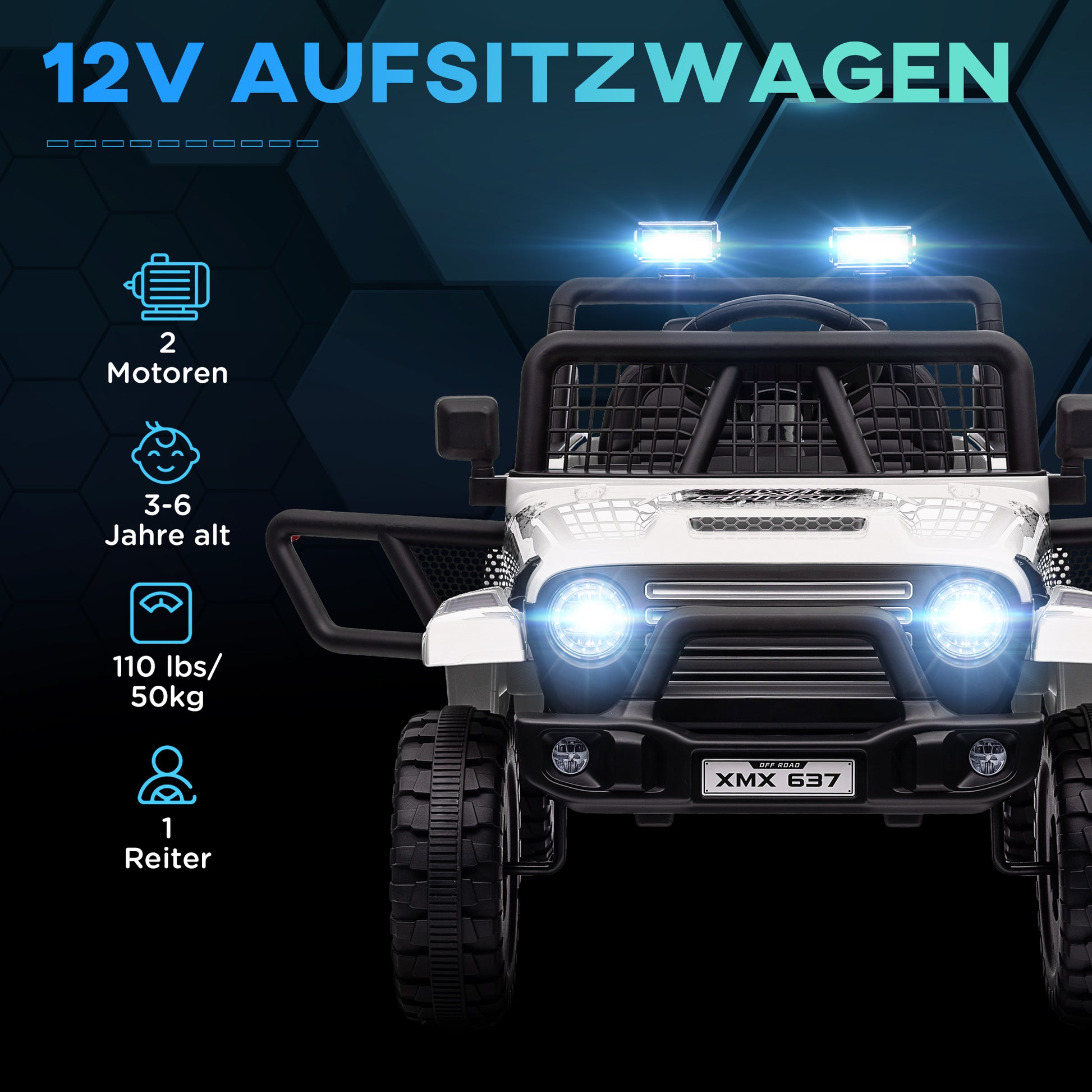 Kinder-Elektroauto mit sanfter Federung, fernsteuerbar, LED-Lichter, Hupe, 12V, Kunststoff und Metall