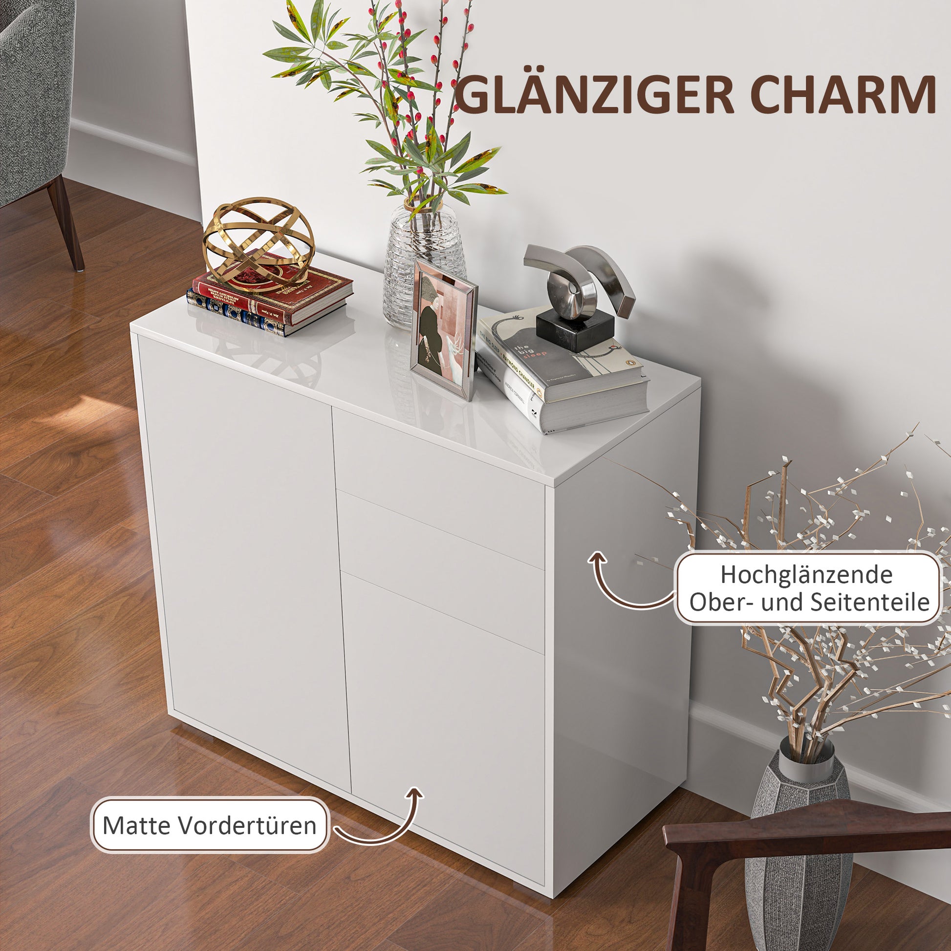 Aufbewahrungsschrank mit 2 Schubladen, 2 Türen, mit Kippschutz, für Wohnzimmer, Schlafzimmer, 79 x 36 x 74 cm Weiß