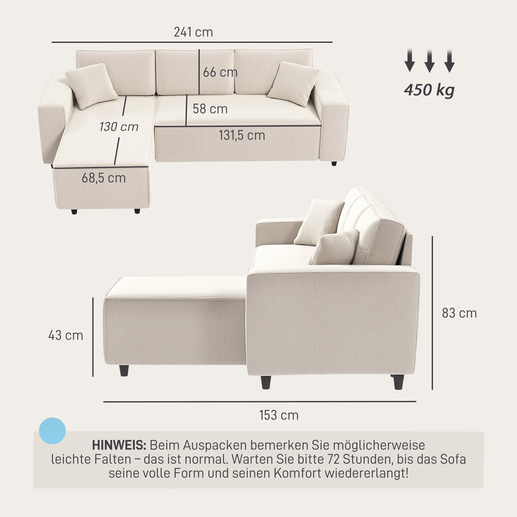 Ecksofa 3-Sitzer in L-Form Eckcouch mit Umkehrbarer Chaiselongue, 241x153x83 cm Cremeweiß