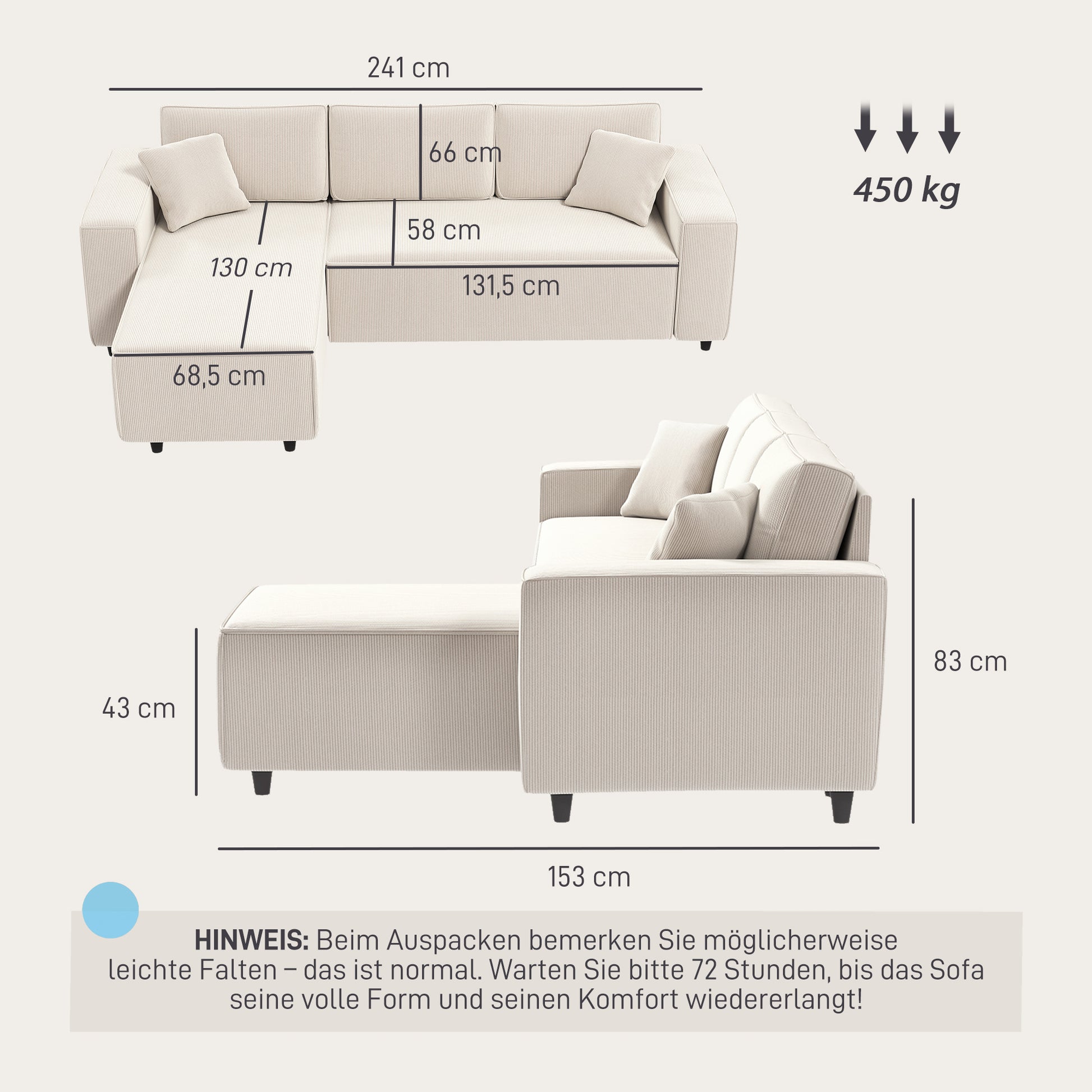 Ecksofa 3-Sitzer in L-Form Eckcouch mit Umkehrbarer Chaiselongue, 241x153x83 cm Cremeweiß