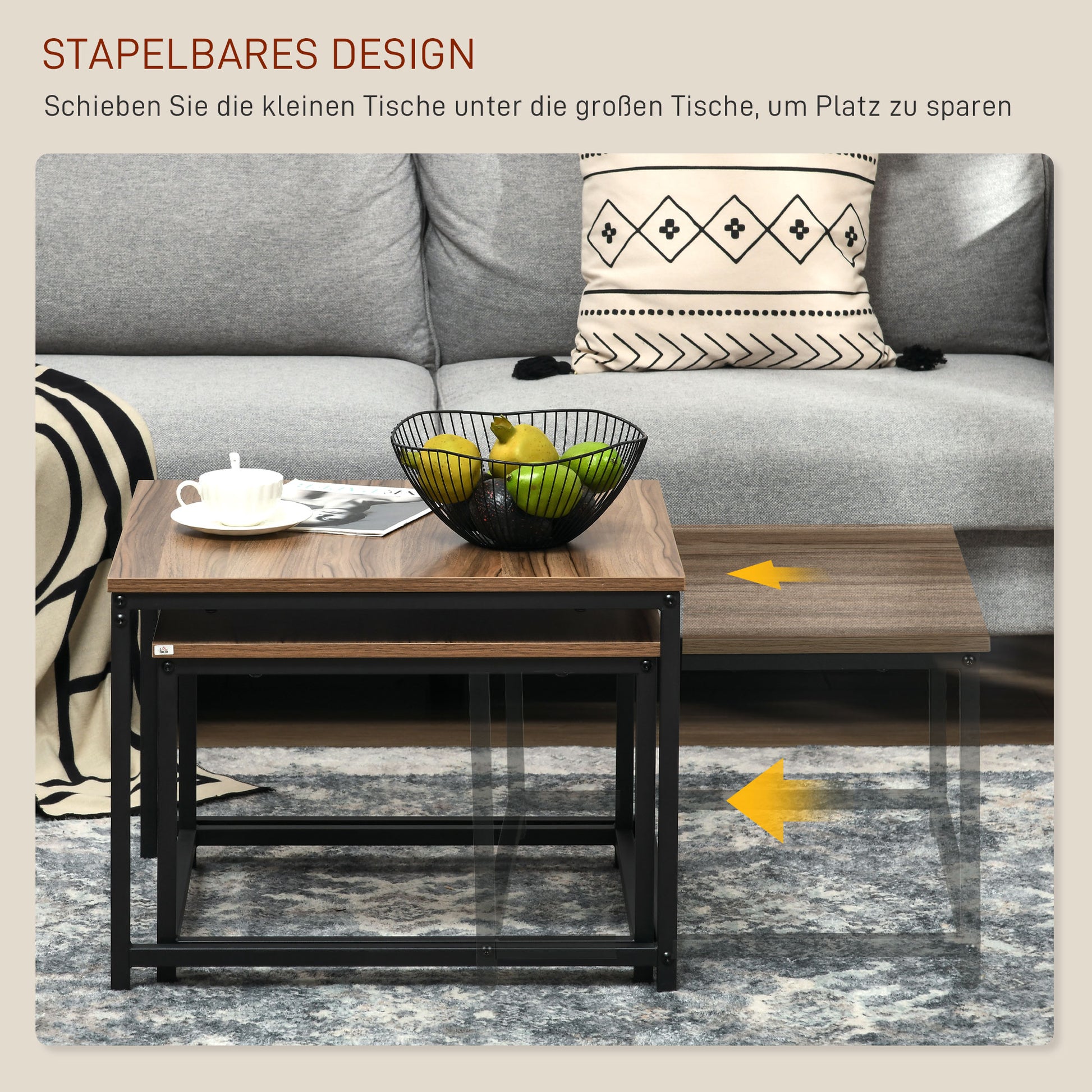 Set aus 2 Beistelltischen, Industrial Design, schwarzer Stahlrahmen, Tischplatte in Holzoptik