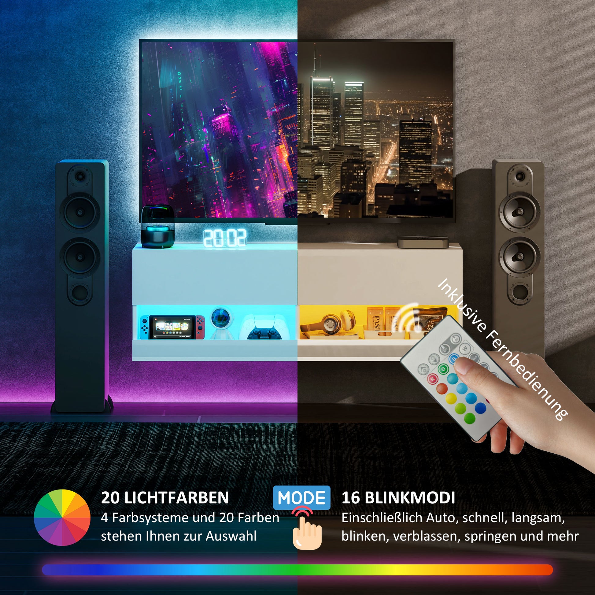 TV-Hängeschrank mit LED-Beleuchtung, 16 Blinkmodi, Wandmontierter TV-Schrank, Offene Regale