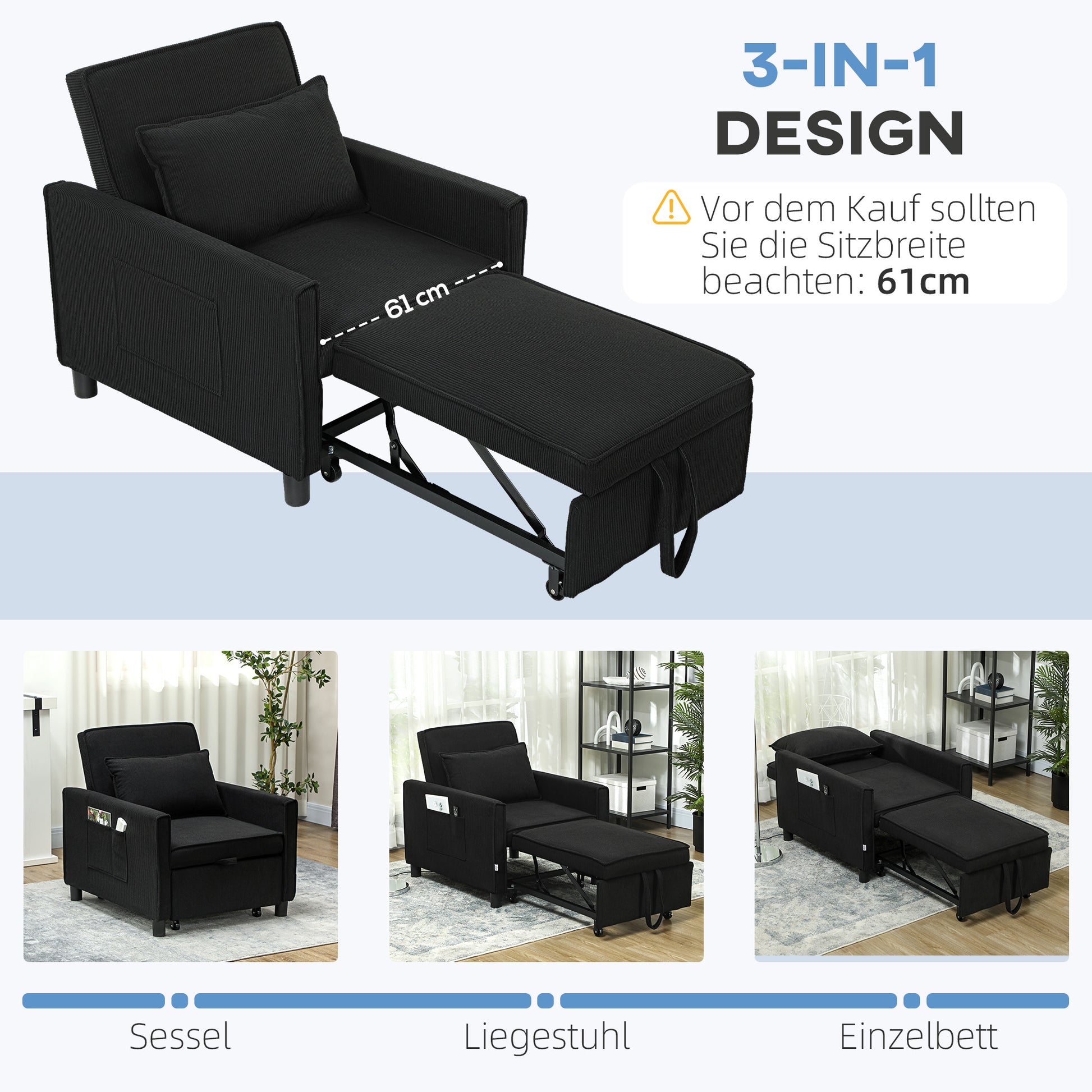 Schlafsessel, verstellbar, 3 Positionen, Cordbezug, bis 120 kg, Schwarz/Blau