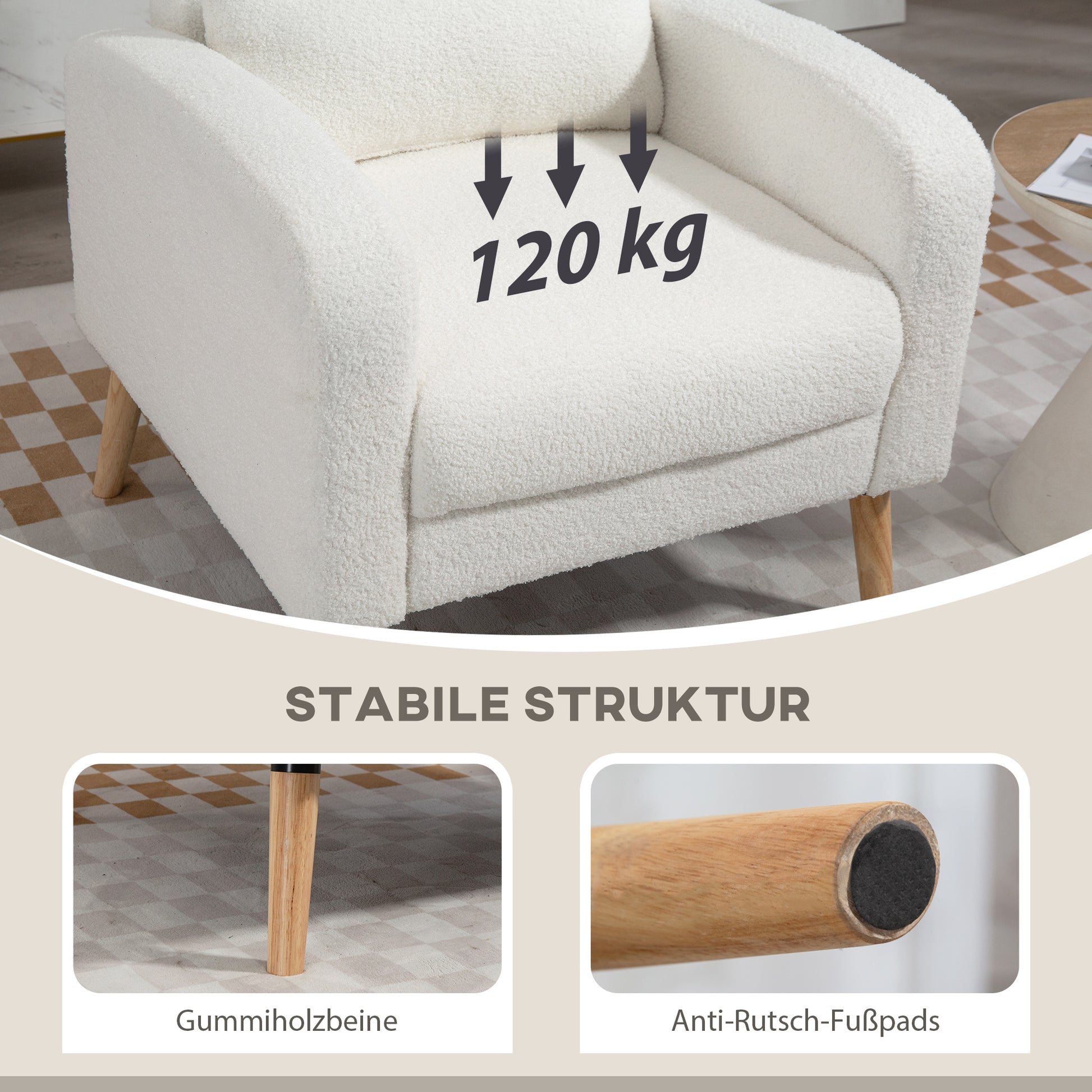 Moderner Armlehnstuhl, Polstersessel mit Kautschukholzbeinen, Lendenkissen, Weiß