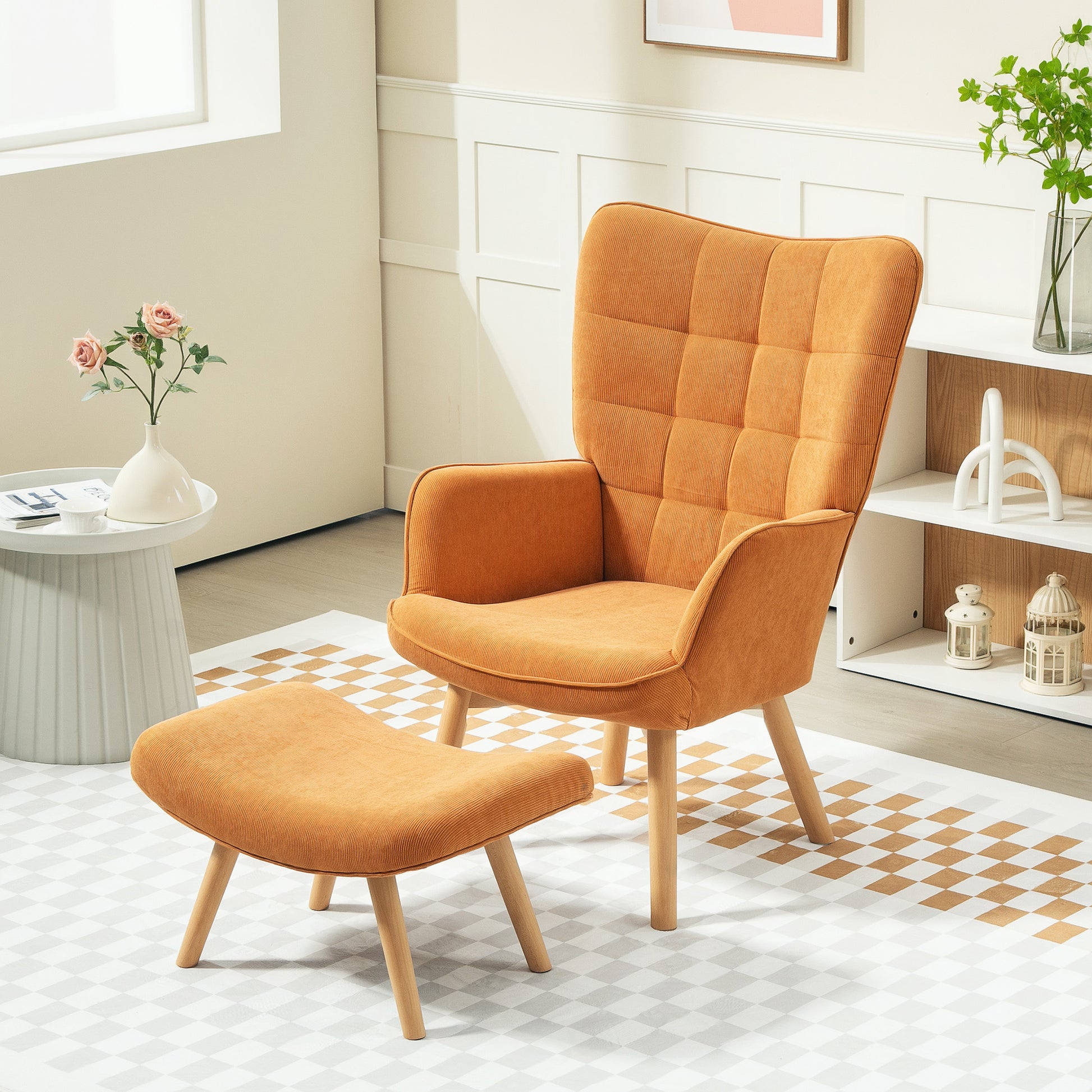 Akzentsessel mit Hocker, Relaxsessel in Cord-Optik, Armlehnstuhl mit Holzbeinen