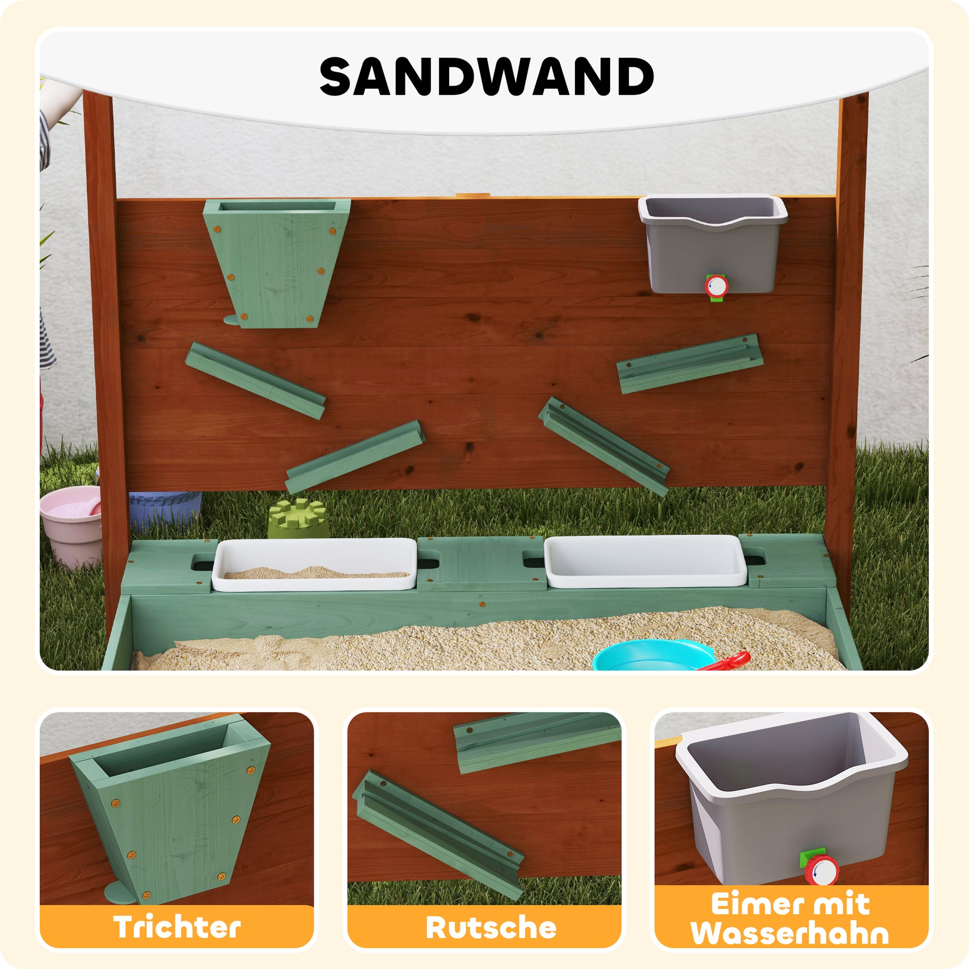 Sandkasten mit Sonnendach für Kinder, 2 Aufbewahrungsbehälter, 116L x 112,5B x 128H cm