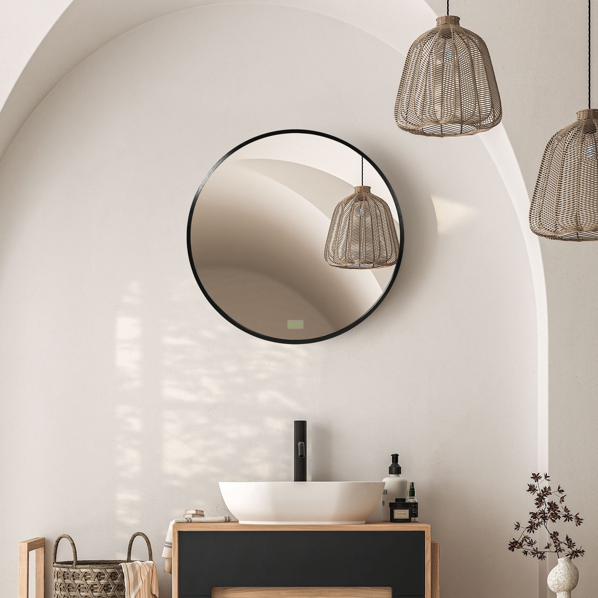 Runder Wandspiegel für Bad, Schlafzimmer, Flur, Metallrahmen, Farbe: Schwarz, Ø50