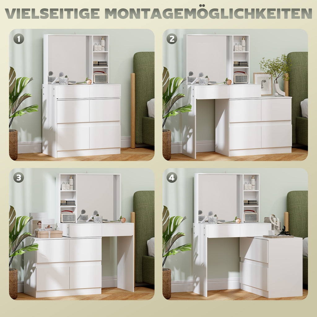 Schminktisch, Make-up-Tisch mit großem Spiegel, 4 Schubladen, 3 offene Fächer, 2 Schränke