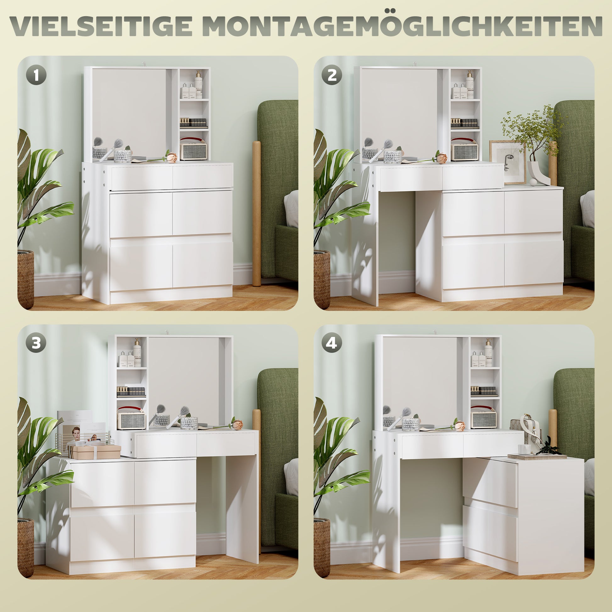 Schminktisch, Make-up-Tisch mit großem Spiegel, 4 Schubladen, 3 offene Fächer, 2 Schränke