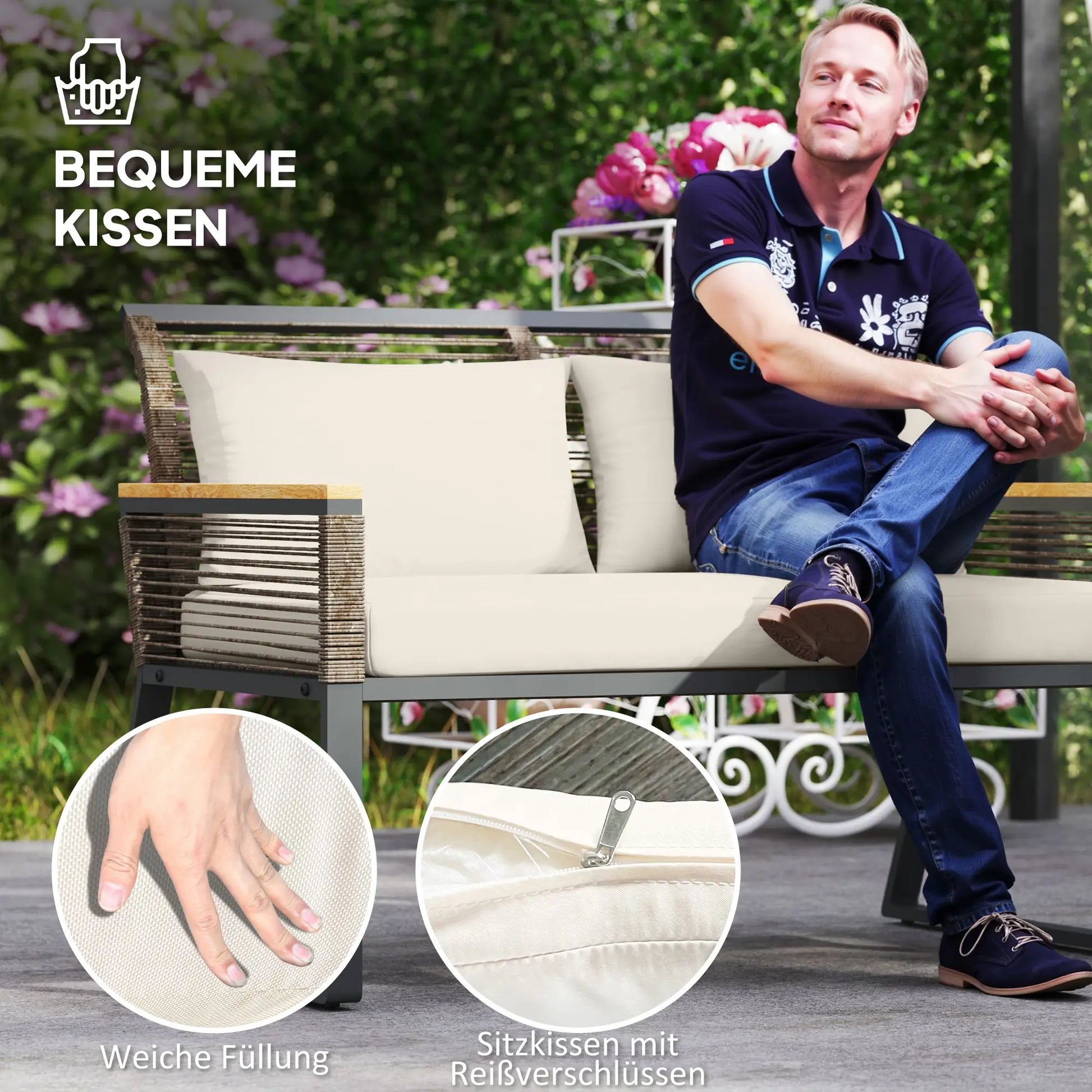Gartenmöbel Balkonmöbel Set 4 Personen wetterfest mit 2er Sofa, 2 Stühle Glastisch Sitzkissen