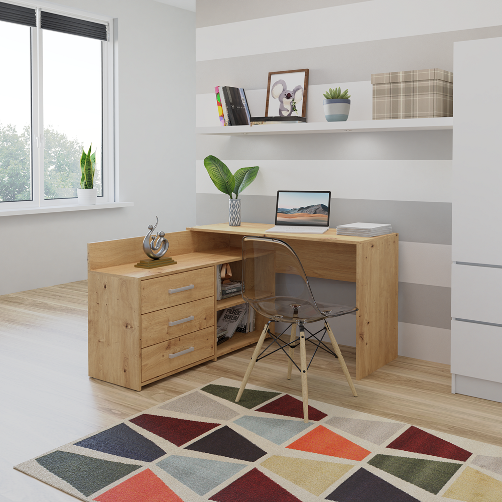 Eckschreibtisch DANY – 120 cm breit, mit 3 Schubladen, mehrere Farben