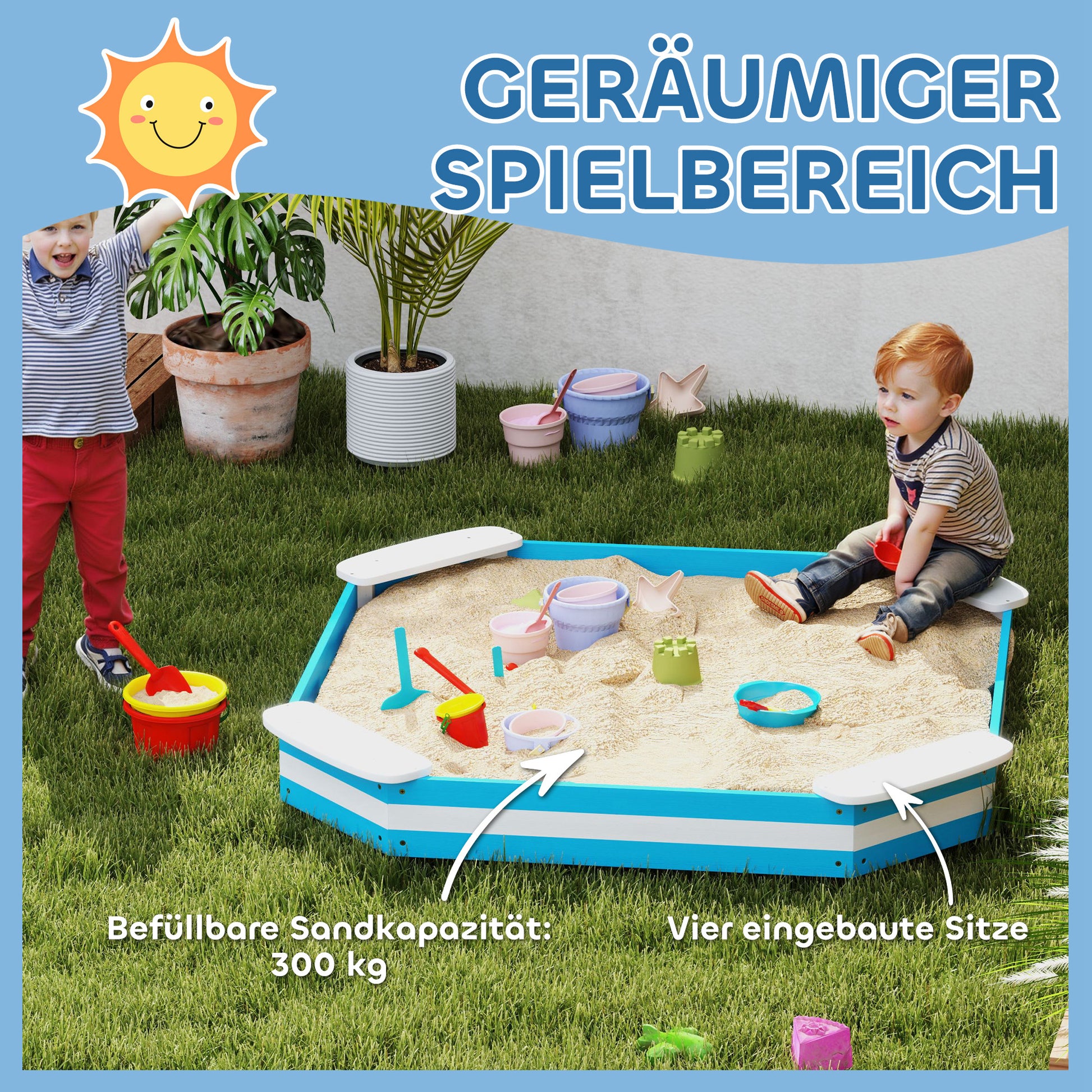 Sandkasten für Kinder, Sandkiste mit 4 Sitzen, Fichtenholz, bodenlos, Blau