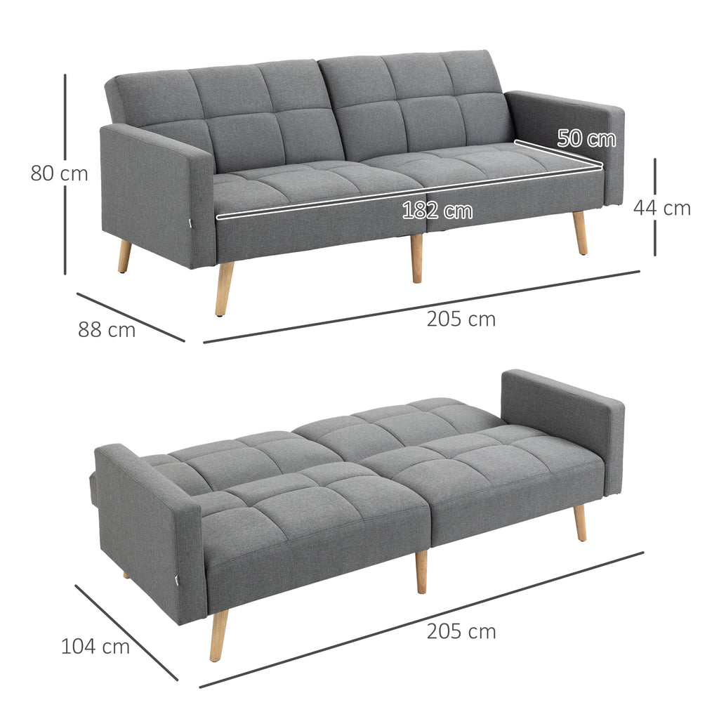 2 in 1 Schlafsofa 205 x 88 cm mit Bettfunktion, Sitzkissen, Leinenoptik, Verstellbarer Rückenlehne, Grau