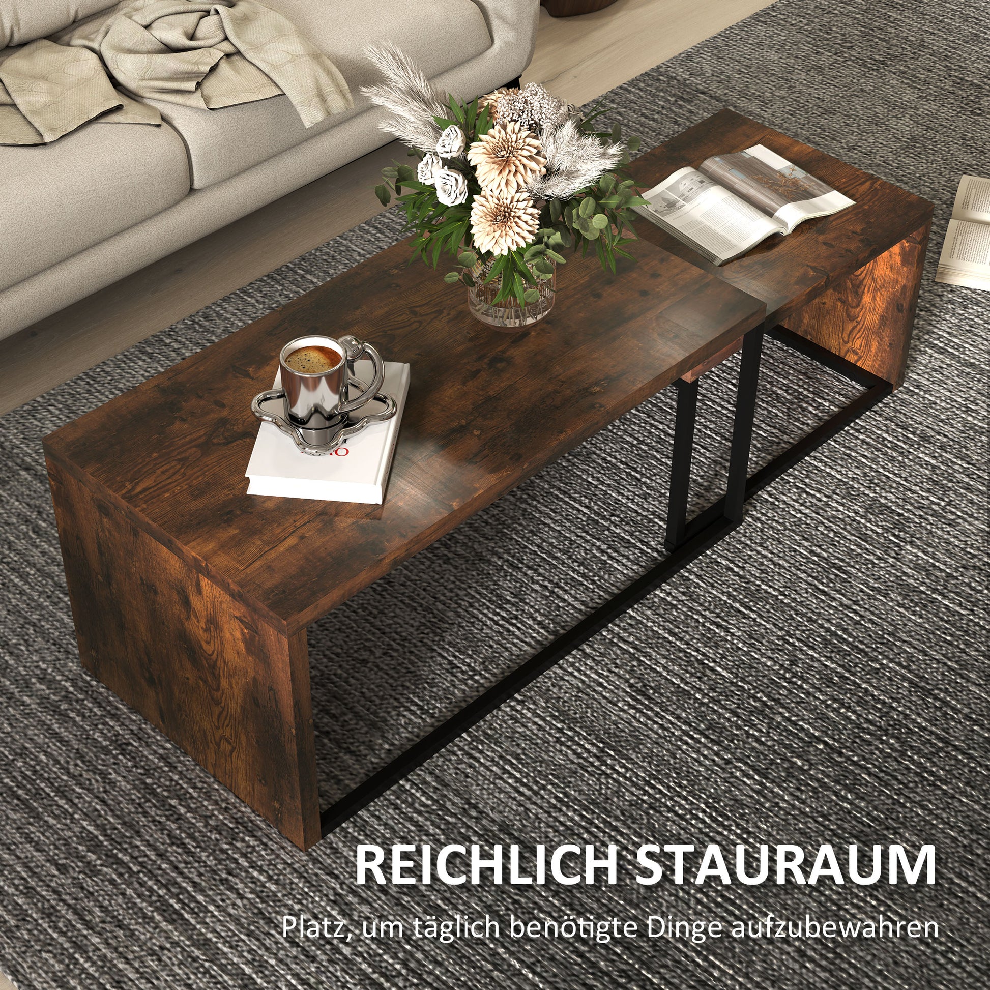 2er-Set Couchtisch, Sofatisch, Beistelltisch, MDF, Metall, Schwarz+Braun