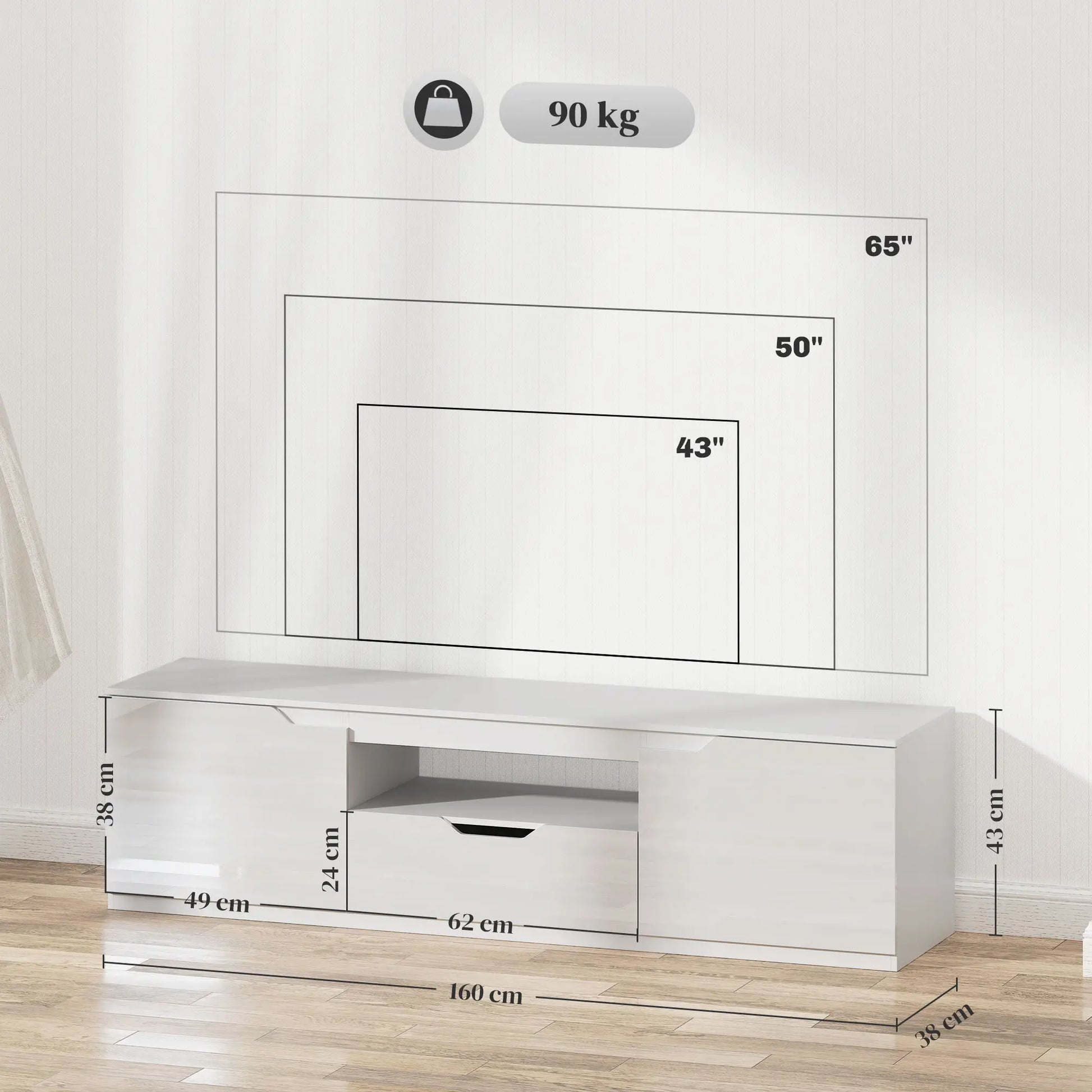 TV-Lowboard, Hochglanz, für Fernseher bis 65'', 3 Fächer, Schublade, 160 x 38 x 43 cm